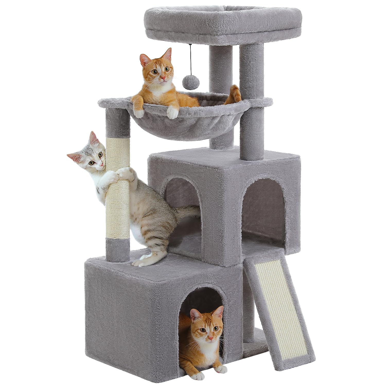 PETEPELA Árbol para gatos de 104 cm con 2 amplias cuevas para gatos de interior, casa para gatos con cómoda hamaca de 40 cm, barra de asiento acolchada, afilador de uñas y pelota de juego desmontable