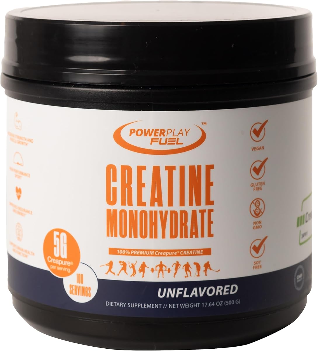 POWER PLAY FUEL CREATINE Monohydrate Powder – Supports Energy, Brain & Muscle Health, and Recovery for Men & Women - Gluten & GMO Free, Soy Free, Sport Certified – Unflavored, 500 G, 100 Servings