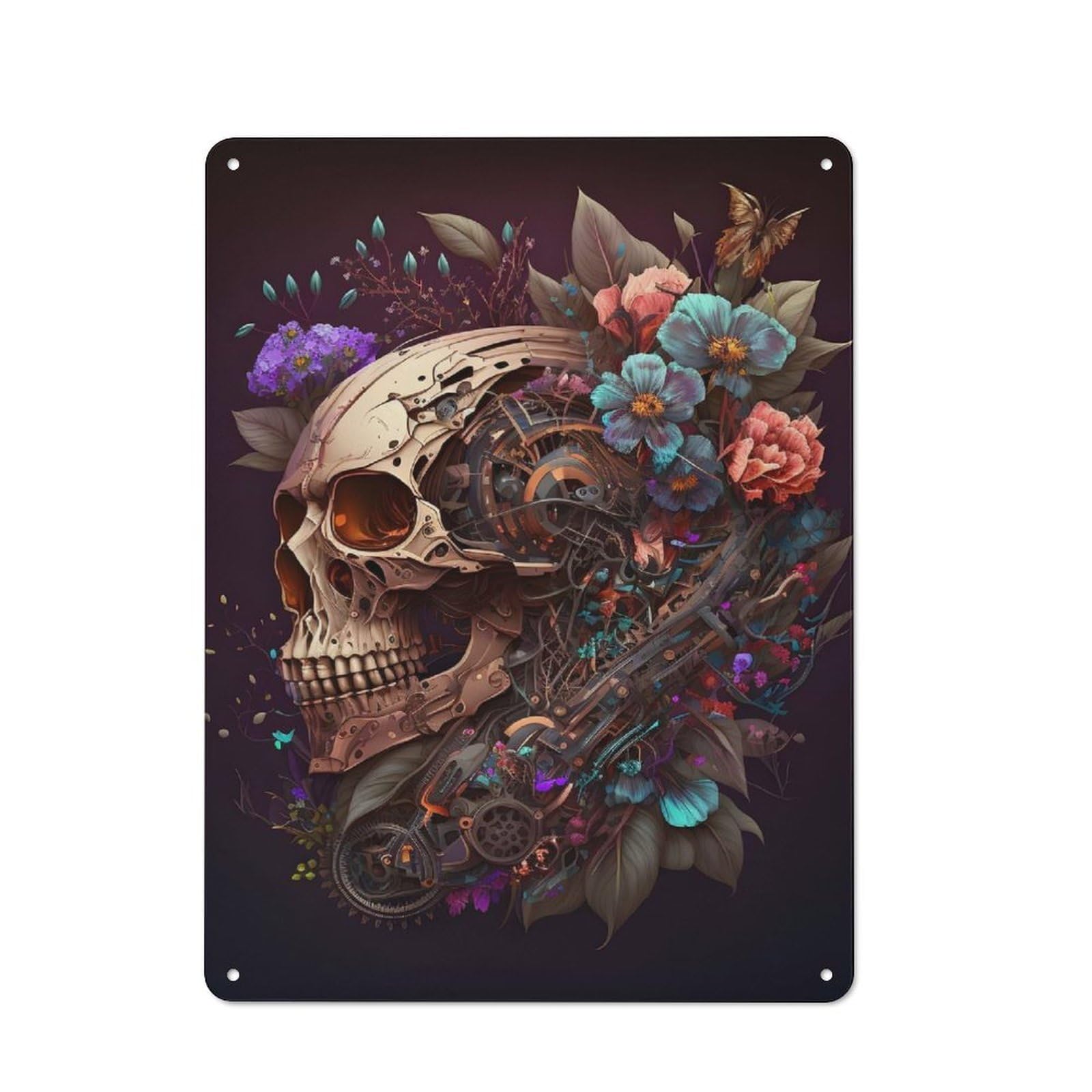Metal Plaque 40x30cm with Flowers And Scull for Pub Or Café, Retro Decor, for Pub Decor Enthusiasts Refreshing A Room in Autumn