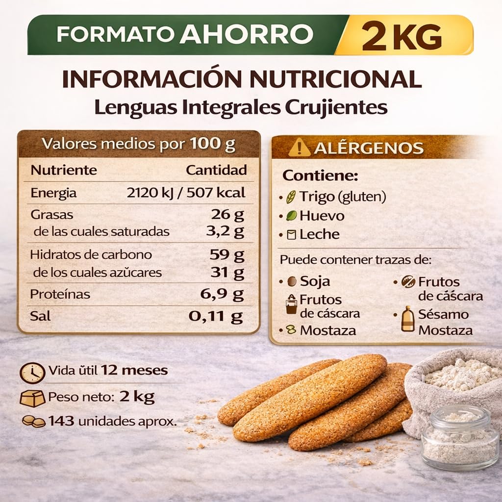 LAPASION - Bizcochos crujientes integrales | Lenguas integrales | Sobaos Tostado | Fuente de fibra | Cereales Integrales | 2 Kg