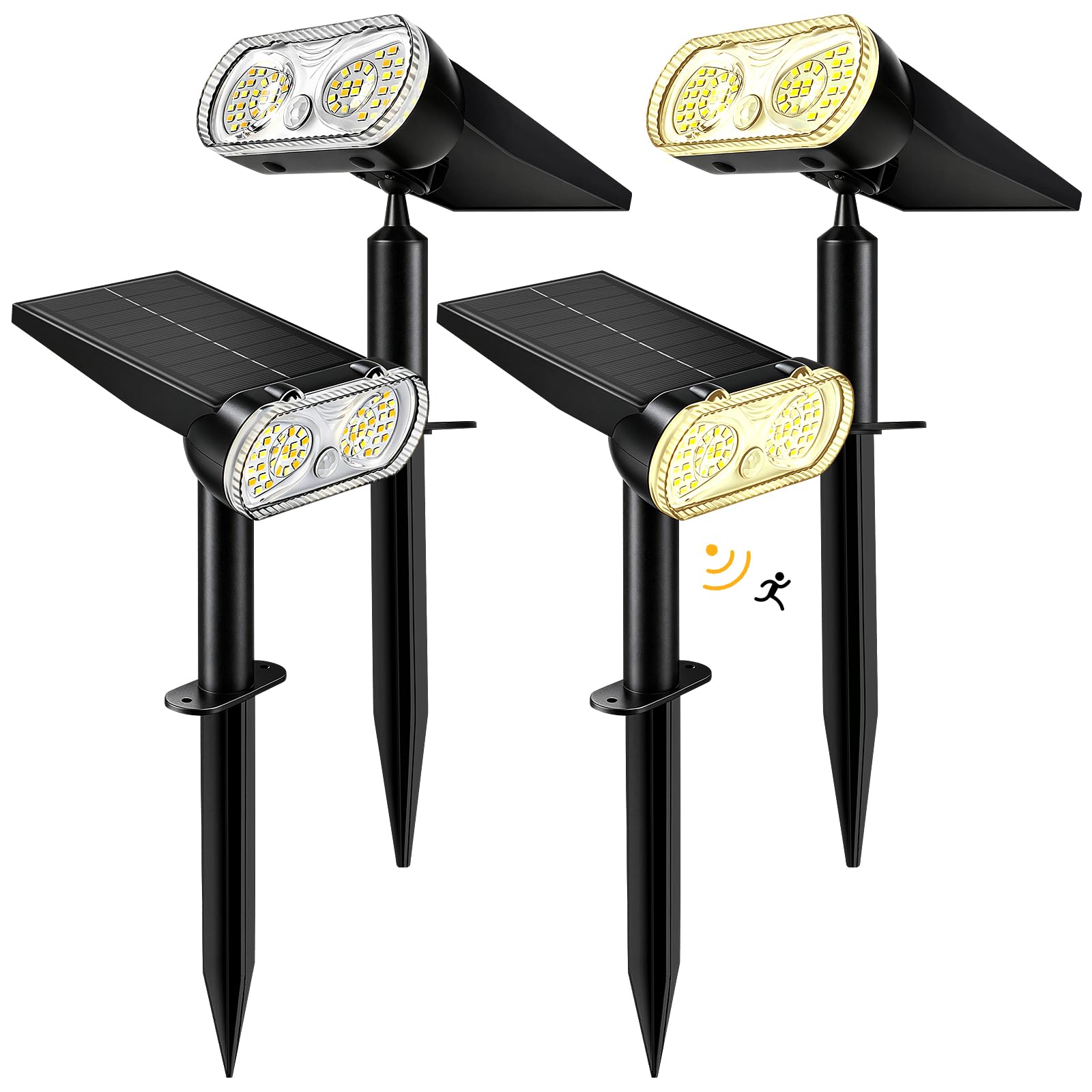 Faretti Solari LED da Esterno con Sensore di Movimento, 4 Pezzi Luci Solari da Giardino 3000K/4500K/6500K, 3 Modalità, Memoria, IP67 Impermeabile per Cortile Vialetto Prato Garage (4 Pezzi)