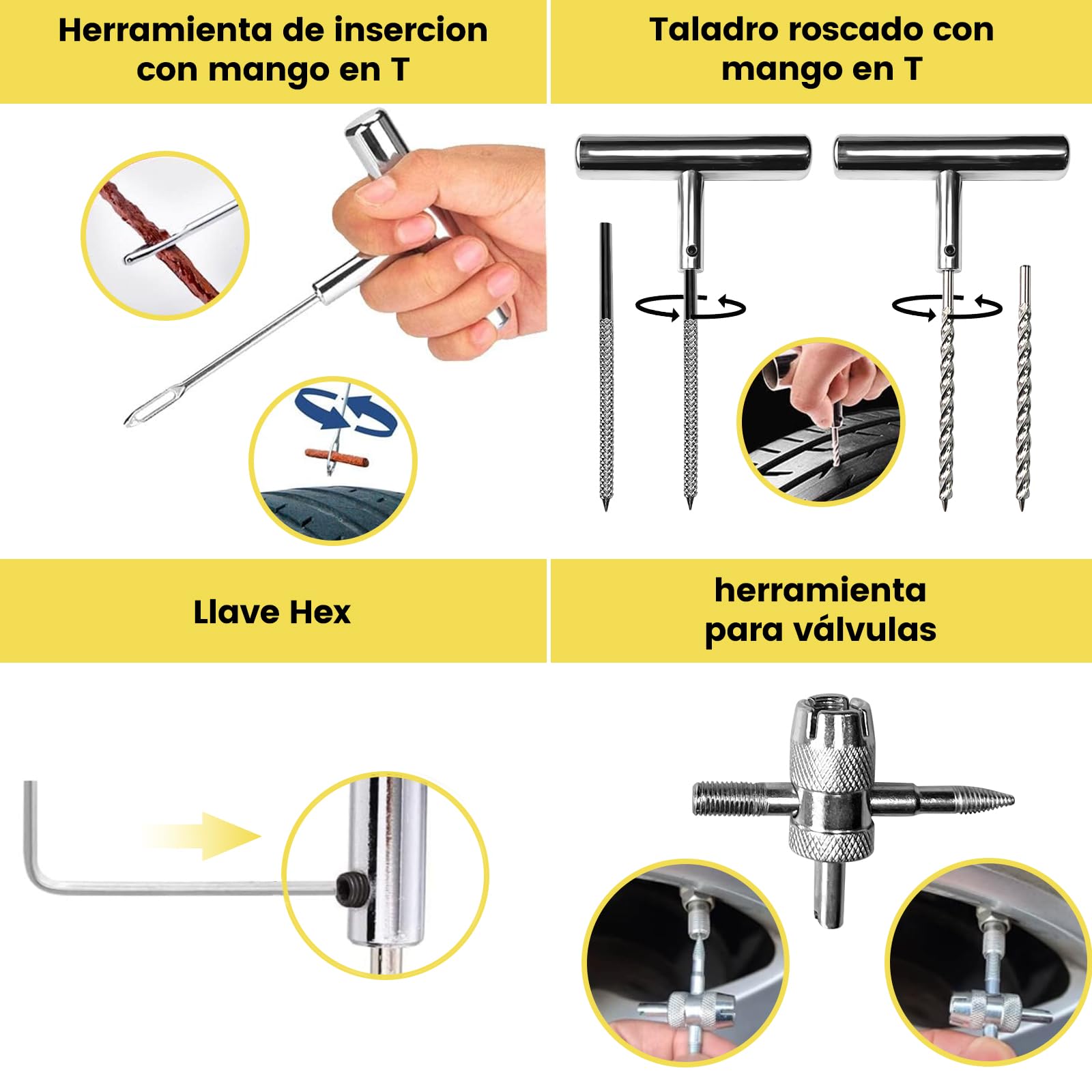 27PCS Kit Repara Pinchazos para Coche/Moto/Caravana, Kit antipinchazos neumático, Arreglar pinchazos en 3 Minutos, Mechas + Accesorios completos, Compacto para Maletero, Fácil Uso sin Experiencia