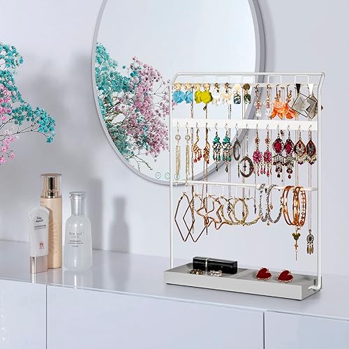 Miniatura 4 de LKKL Organizador de joyas con bandeja de resina, soporte para collar y organizador de aretes, soporte de joyería para aretes, collares, pulseras y