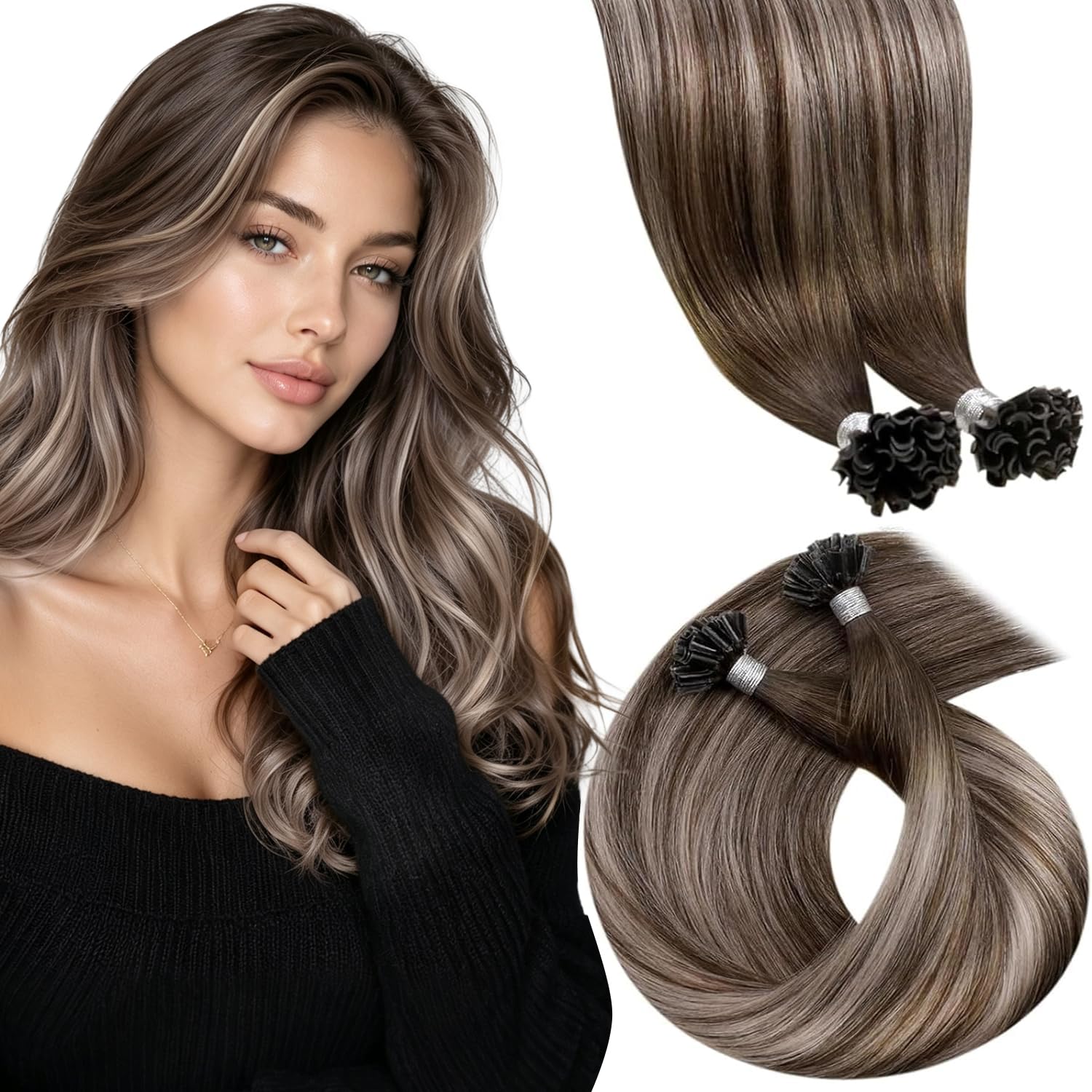  U Tip Hair Extensions Human Hair, Chocolate Brown to Blonde 14 Inch