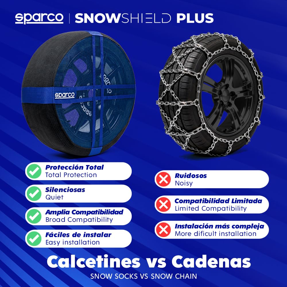 Sparco SnowShield PLUS | Juego de 2 cadenas de nieve para coche | Cadenas para nieve fáciles de montar | Silenciosas, duraderas, homologadas EN 16662-1 y reutilizables (XL)