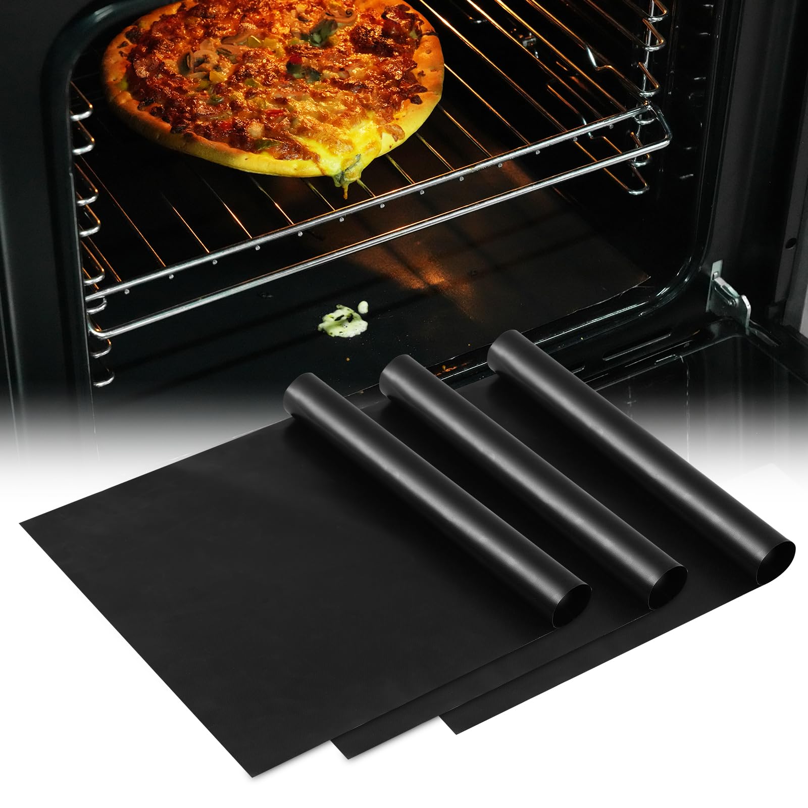 KitchenRaku 3 szt. Uniwersalna mata do piekarnika teflonowego 32,5 x 50 cm, nieprzywierająca, do dna piekarnika, akcesoria domowe i kuchenne, odpowiednia do większości piekarników i kuchenek, czarna