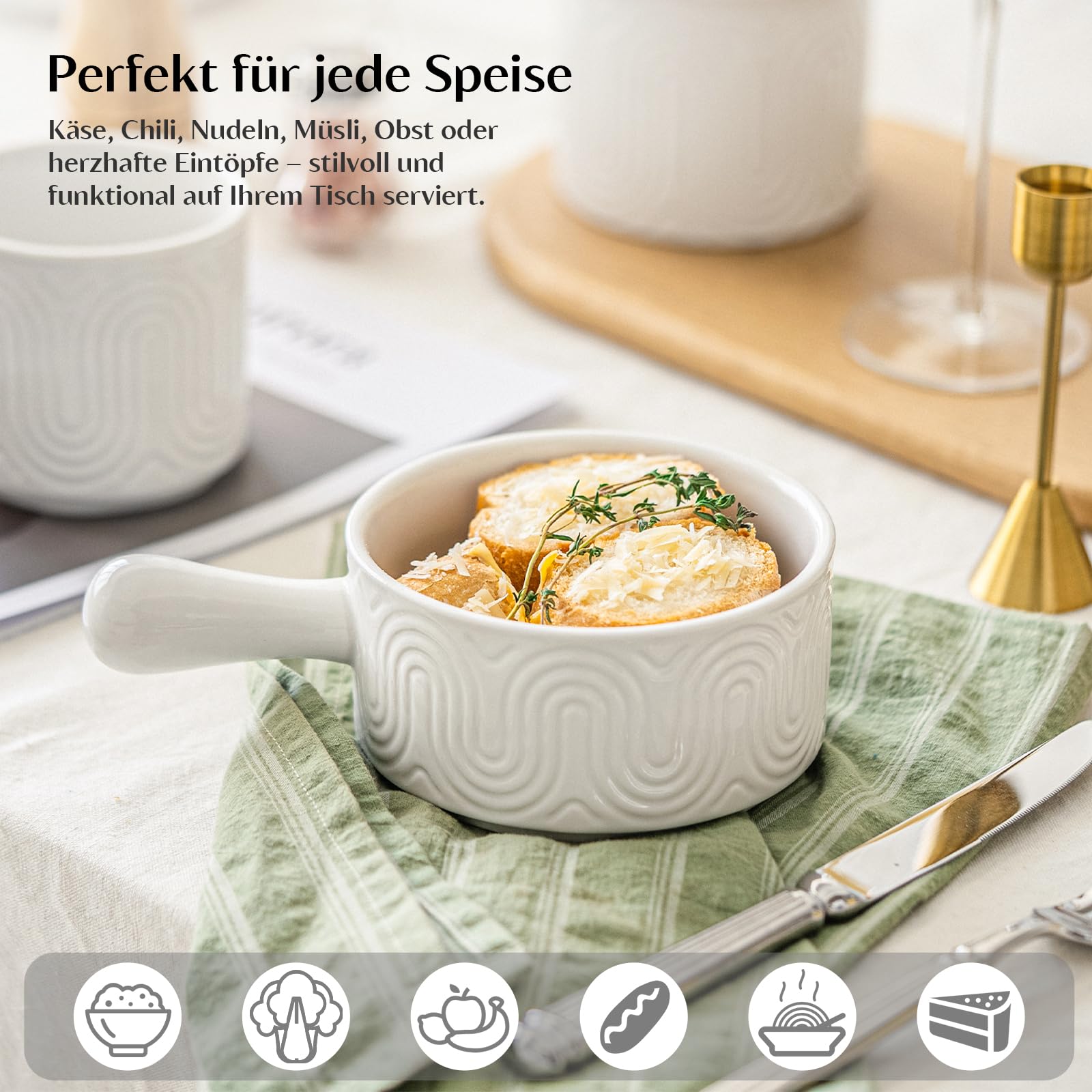 INSETLAN 18oz Suppenschüssel mit Griff,Suppentassen mit Henkel 4er Set, Keramik Suppenschüsseln im Bogendesign für Suppe, Chili, Eintopf – Spülmaschinen- & Mikrowellengeeignet, Stoßfest