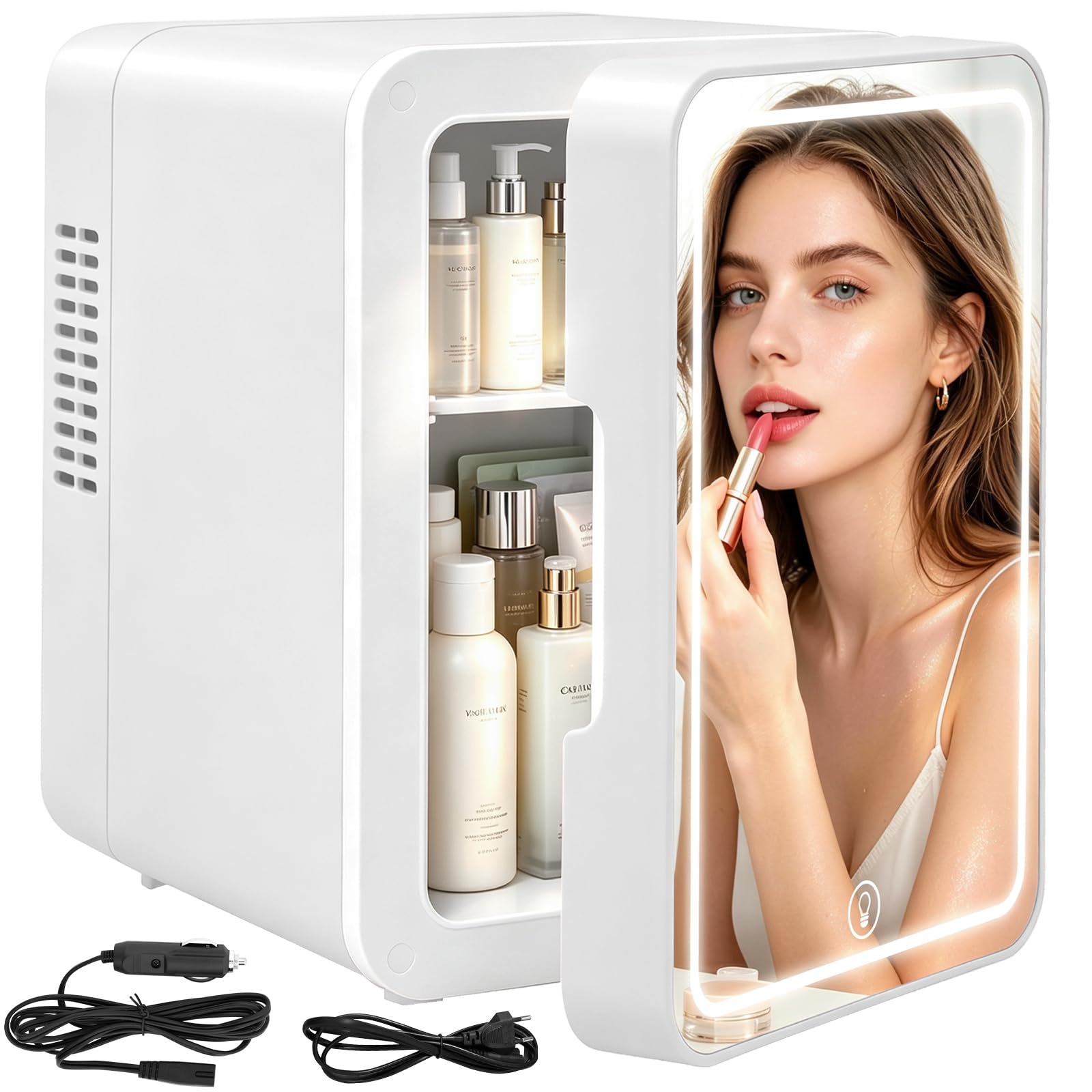 Mini Kühlschrank 5 L / 6 Dosen, LED-Lampe mit 3-stufiger Dimmfunktion,220V AC / 12V DC Kühl- & Wärmefunktion, Kosmetik Kühlschrank für Zimmer, Büro, Skincare, Getränke & Kosmetik (Weiß)