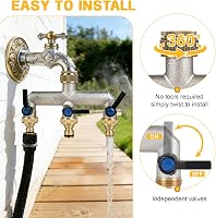 Distribuitor de apă cu 3 căi EXLECO din alamă, G3/4 cu adaptor de 1/2, cu robinet de închidere separat pentru robinet de grădină, mașină de spălat, irigare, cu robinet cu bilă 2