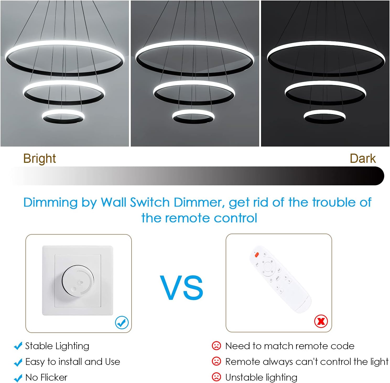 Viruhaka Dimmable LED Pendant Light Dining Room 86W LED Modern Chandelier Black Living Room 3 Ring Pendant Lighting Entryway with 59in Cord Adjustable,6000K Daylight…