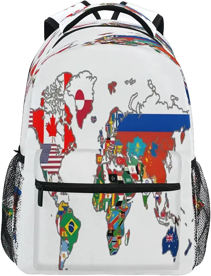 senya Mochila escolar, bandeira nacional, mapa-múndi para adolescentes, meninas, meninos, mochila escolar de viagem