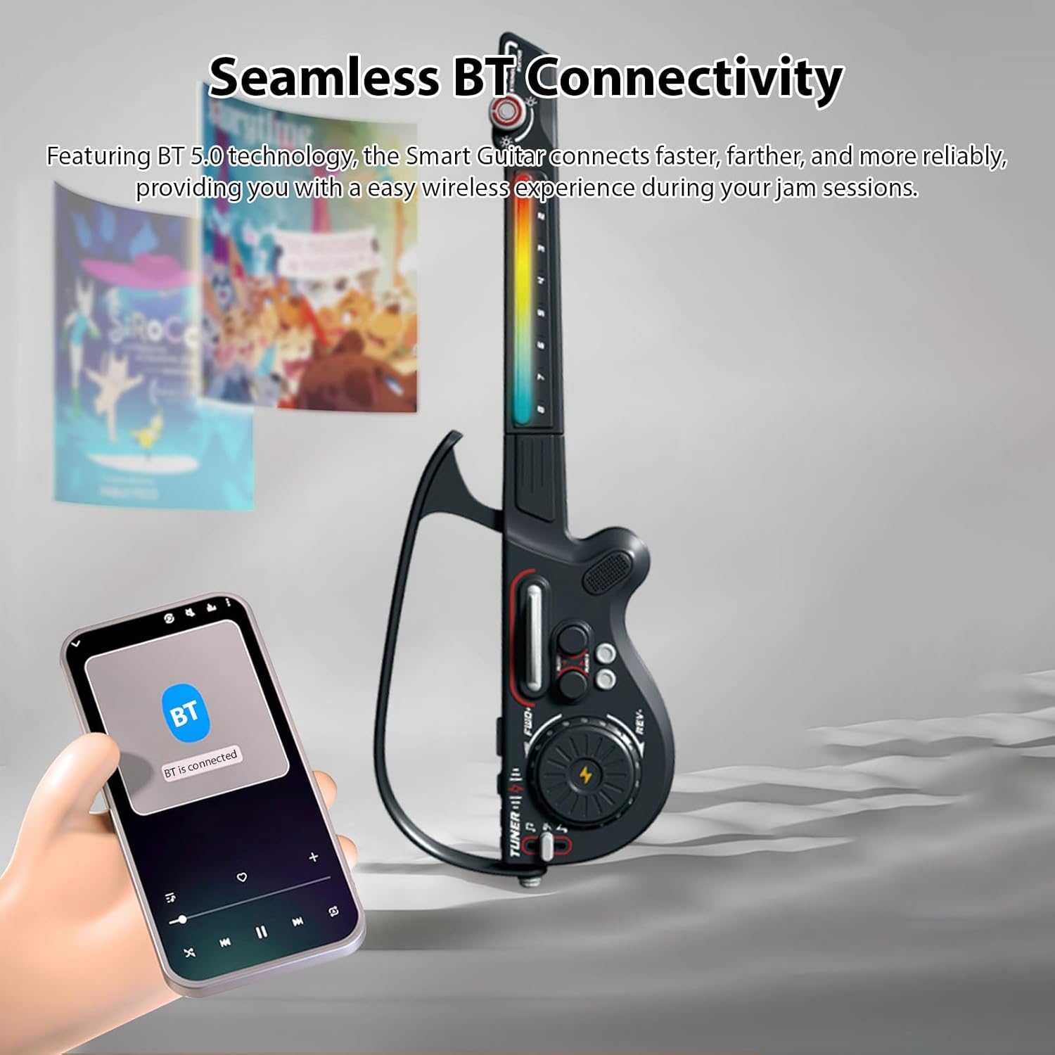 Smart Guitar DJ Controller, Portable Stringless Electronic Guitar with LED Lights, Rechargeable Foldable Music Controller with Scratch & Beat Effects, Wireless DJ Instrument(Black)
