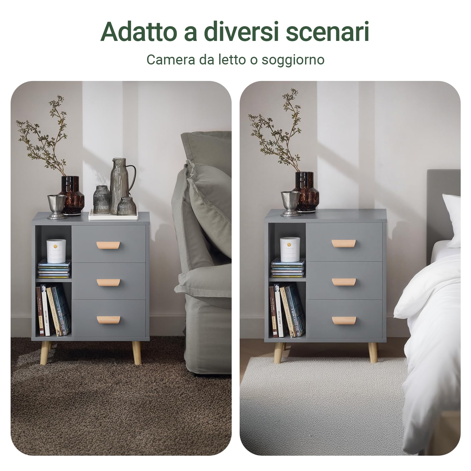 SoBuy Comodino con 3 cassetti e 2 ripiani 48x40x60 cm | Tavolino da notte moderno con cassettiera e spazio contenitore per camera, grigio FBT95-HG