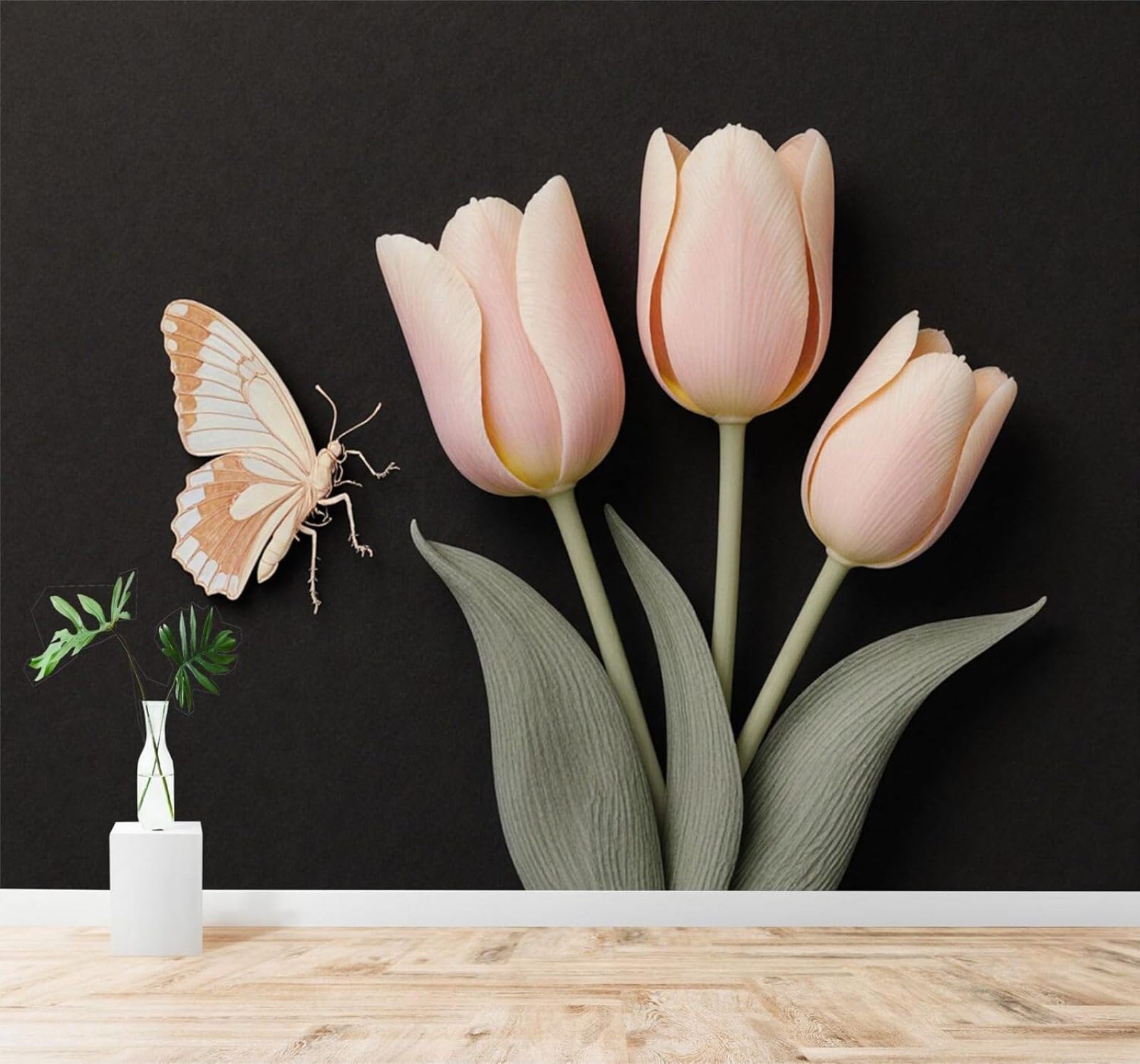 XLMING Simple Beautiful Soft Pink Tulips Butterflies Pattern 3D Wallpaper Silky Texture Home Study Office Grey Dining Room Sofa Bedroom Living Room TV Backdrop-150cm×105cm