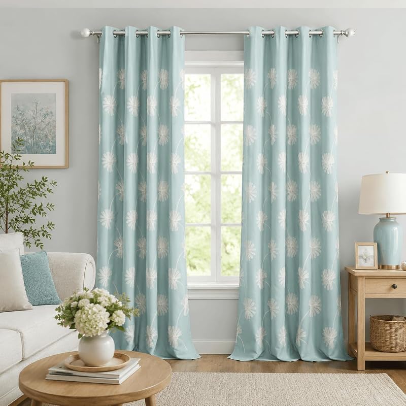 Floral Embroidered Grommet Curtains, 52 x 96, 2 Panels, Blue | Light Filtering Privacy Curtains, Elegant Floral Pattern, Faux Linen Texture, Drapes for Bedroom and Living Room