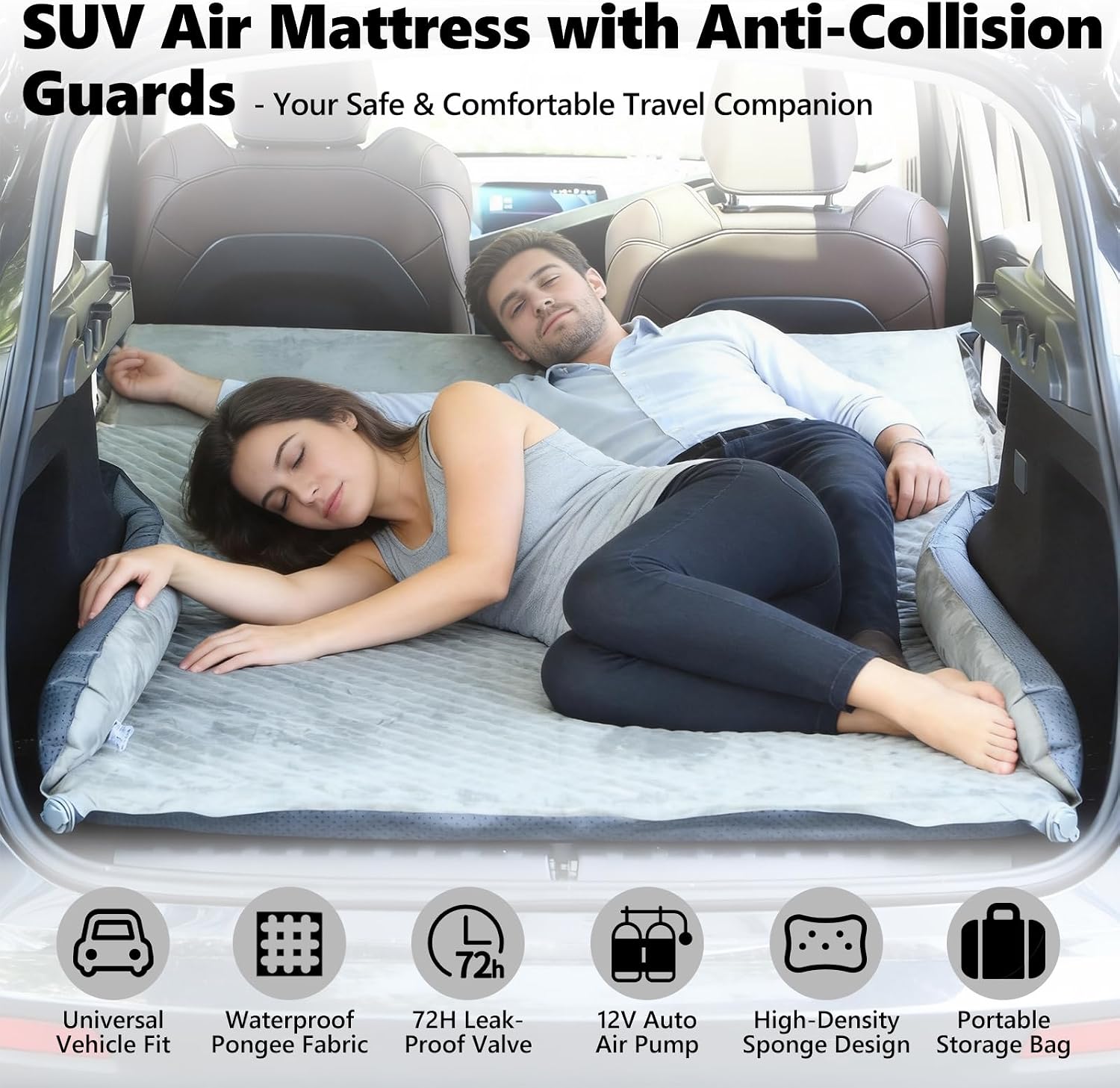SUV Air Mattress, 12V Pump, Dual Valve & Side Guards, Camping Car Bed, Gray | Dual safety valve and carry bag included; anti-collision side guards; fits SUV, MPV & sedan; great for camping & travel naps