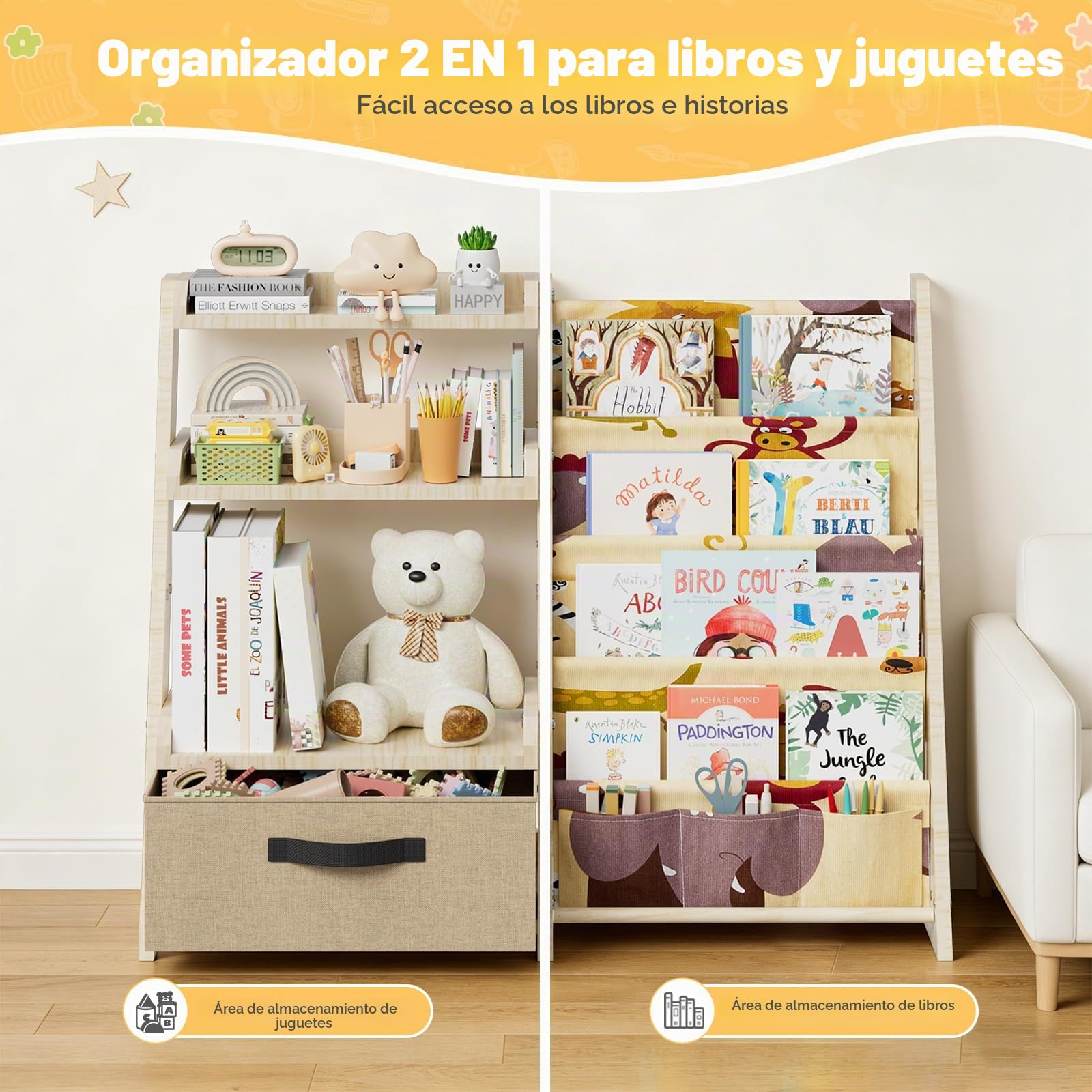 Estantería infantil con organizador de juguetes 2 en 1 – Estantería de madera y tela con 4 compartimentos, cajón y bolsillos para bolígrafos, estantería segura para niños de 68 cm de altura para
