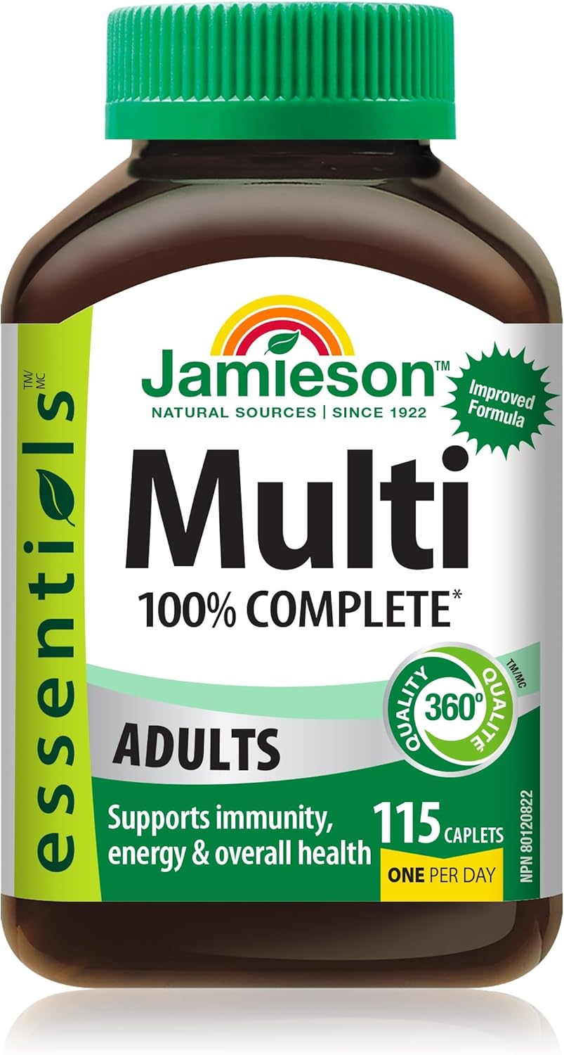 Jamieson 100% Complete Multivitamin for Adults, with Lutein, Calcium, and Biotin. Supports Immunity, Energy, and Overall Health, Packed with Antioxidants, Gluten-Free, One Per Day, 115 Caplets