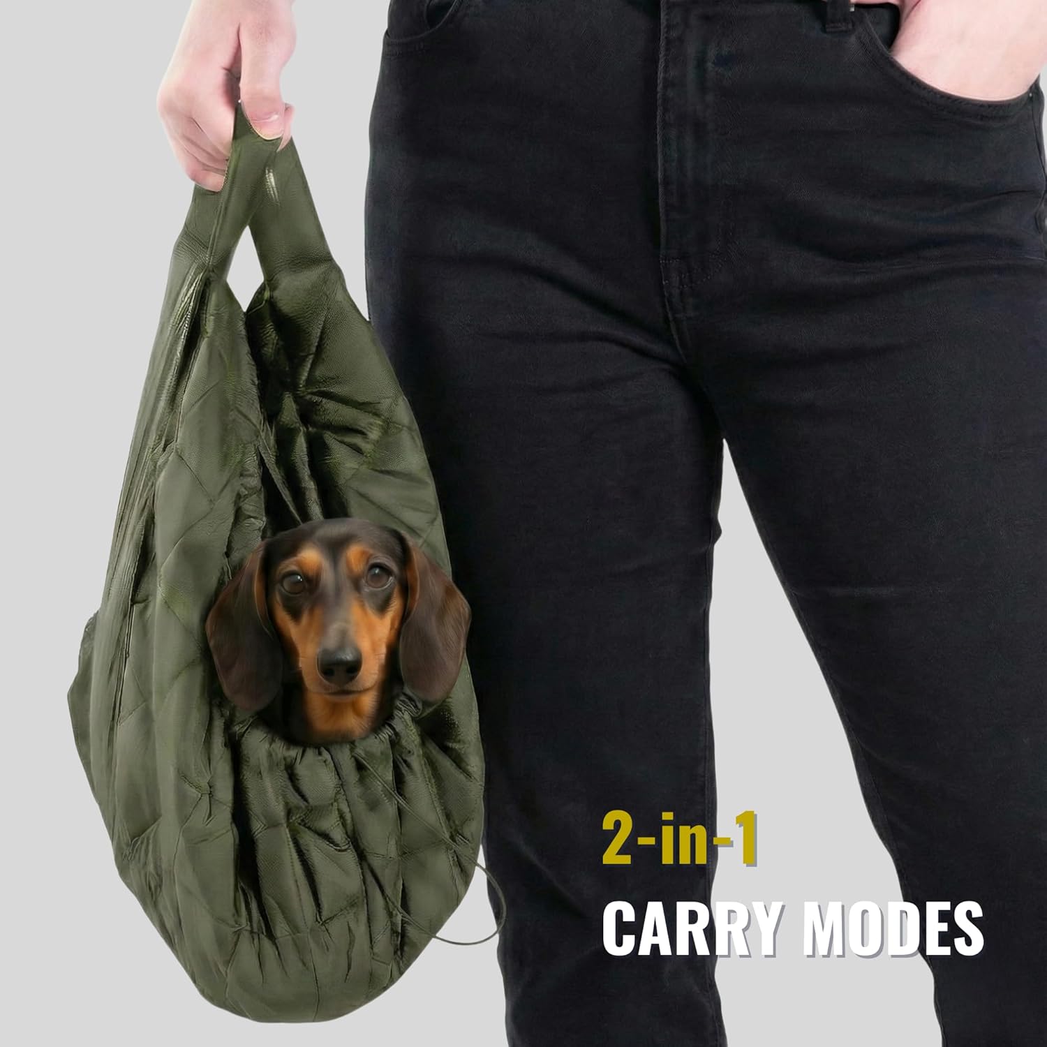 Small Dog Carrier Sling – Olive Green Hands‑Free 2‑in‑1 Sling & Handheld Carrier for Toy Dogs 3-8 lb, Parachute‑Grade Rip‑Stop Nylon, 4″ Padded Strap, Safety Tether & Two Pockets