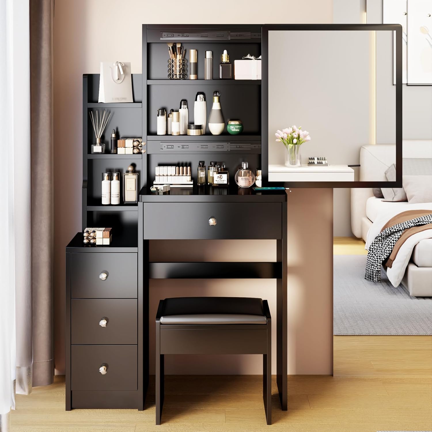 29.2" W Small Vanity Desk with Sliding Mirror, Black Makeup Vanity Set with 4 Drawers and 5 Shelves, Dressing Table with Cushion Stool for Bedroom, Girls and Women
