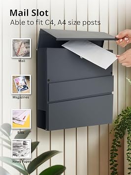 Assorted Collections Wall Mounted Post Box with Newspaper Holder, Lockable Mailbox with 2 Keys, Weatherproof Metal Letterbox for Outdoor Front Door, Modern Design Easy Install 37x10.5x37 cm, Grey