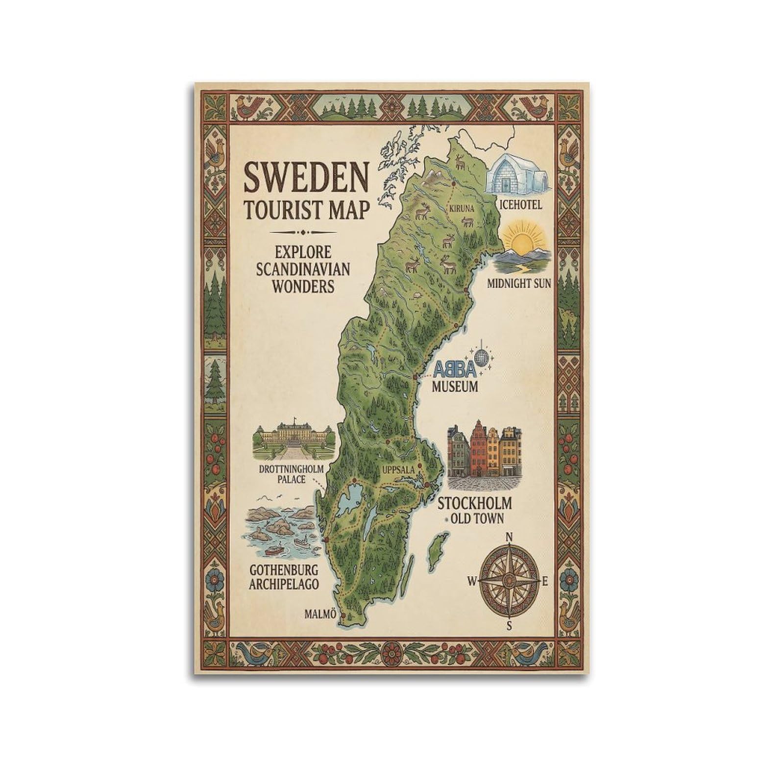 OKAHYS Vintage Travel Sweden Tourist Map Poster Decorative Painting Canvas Wall Artworks Picture 12x18inch(30x45cm)