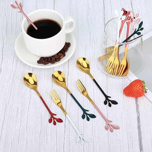 Miniatura 9 de AnSaw 5 cucharas de café pequeñas y 5 tenedores para postres, acero inoxidable de 4.7 pulgadas con mango de hojas (rojo y dorado)