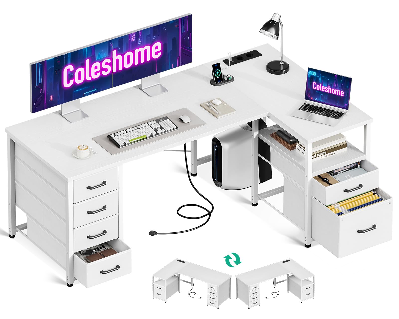 Coleshome Escritorio Esquinero con Cajones de Tela, Reversible Escritorio en L con CajóN para Archivos, Escritorio para Computadora con Puerto de Carga USB y Toma de Corriente (Blanco, 140x70cm)