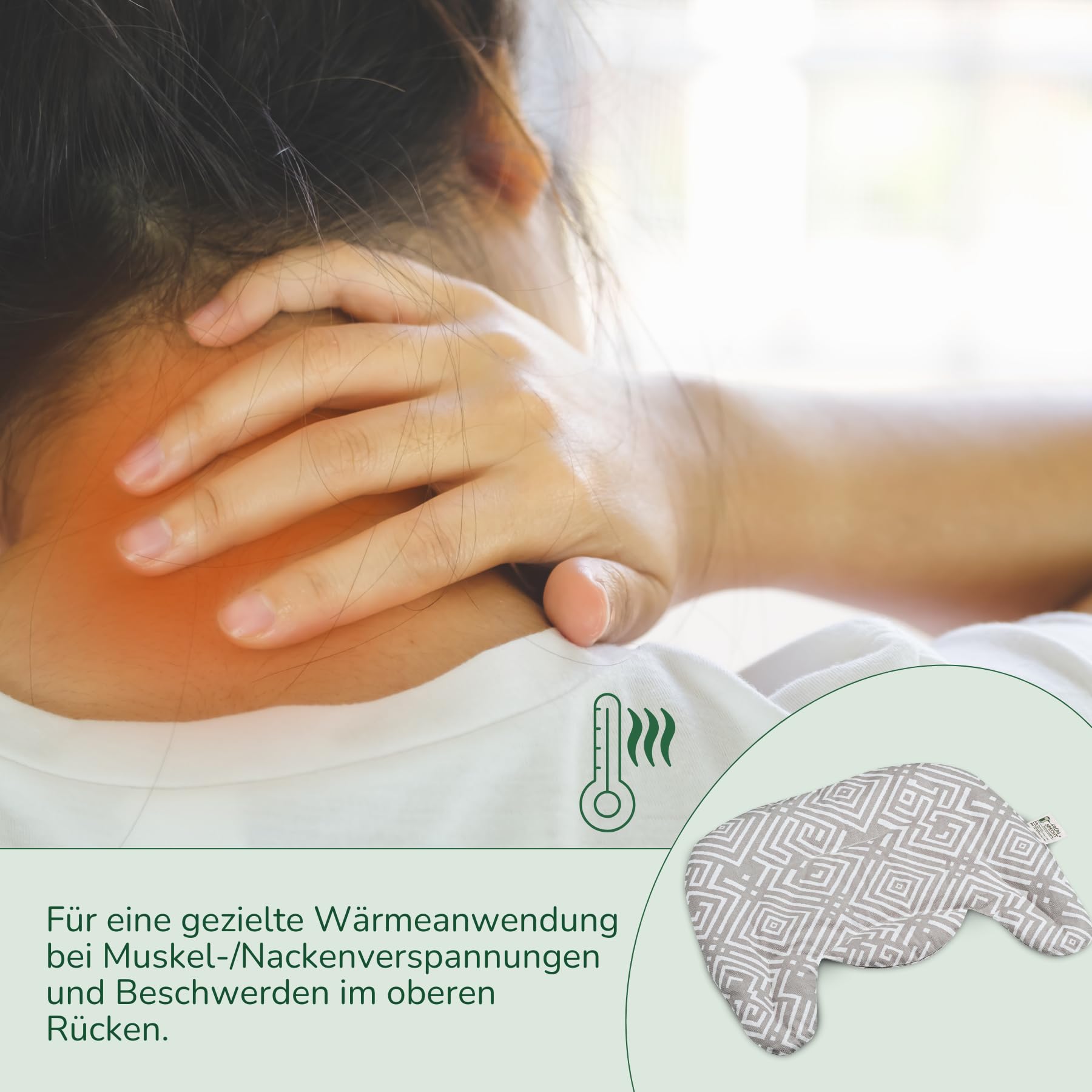 GRÜNSPECHT Kirschkern-Nackenkissen mit Kragen 35x48 cm, Wärmekissen aus Baumwolle, Geschenkbox, für Mikrowelle & Backofen, bei Verspannungen/Beschwerden im Nacken/oberen Rücken (383-V1)