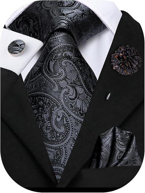 Hi-Tie Silk Men's Tie and Pocket Square Cufflinks Lapel Pin Set Jacquard Wedding Business Necktie for Formal