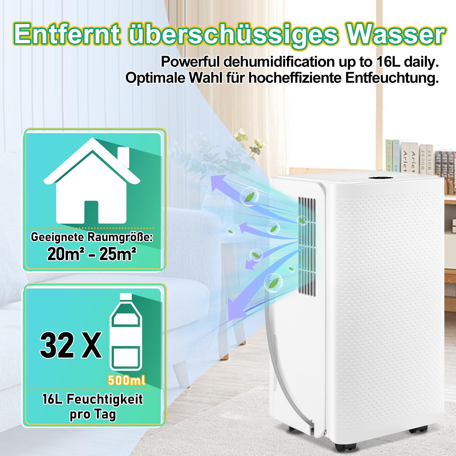 Osuszacz powietrza o pojemności 16 l na 24 h, do pomieszczeń ok. 160 m³ 60 m²), 4 tryby pracy, wskazówki dotyczące temperatury i rury wydechowej, funkcja timera i