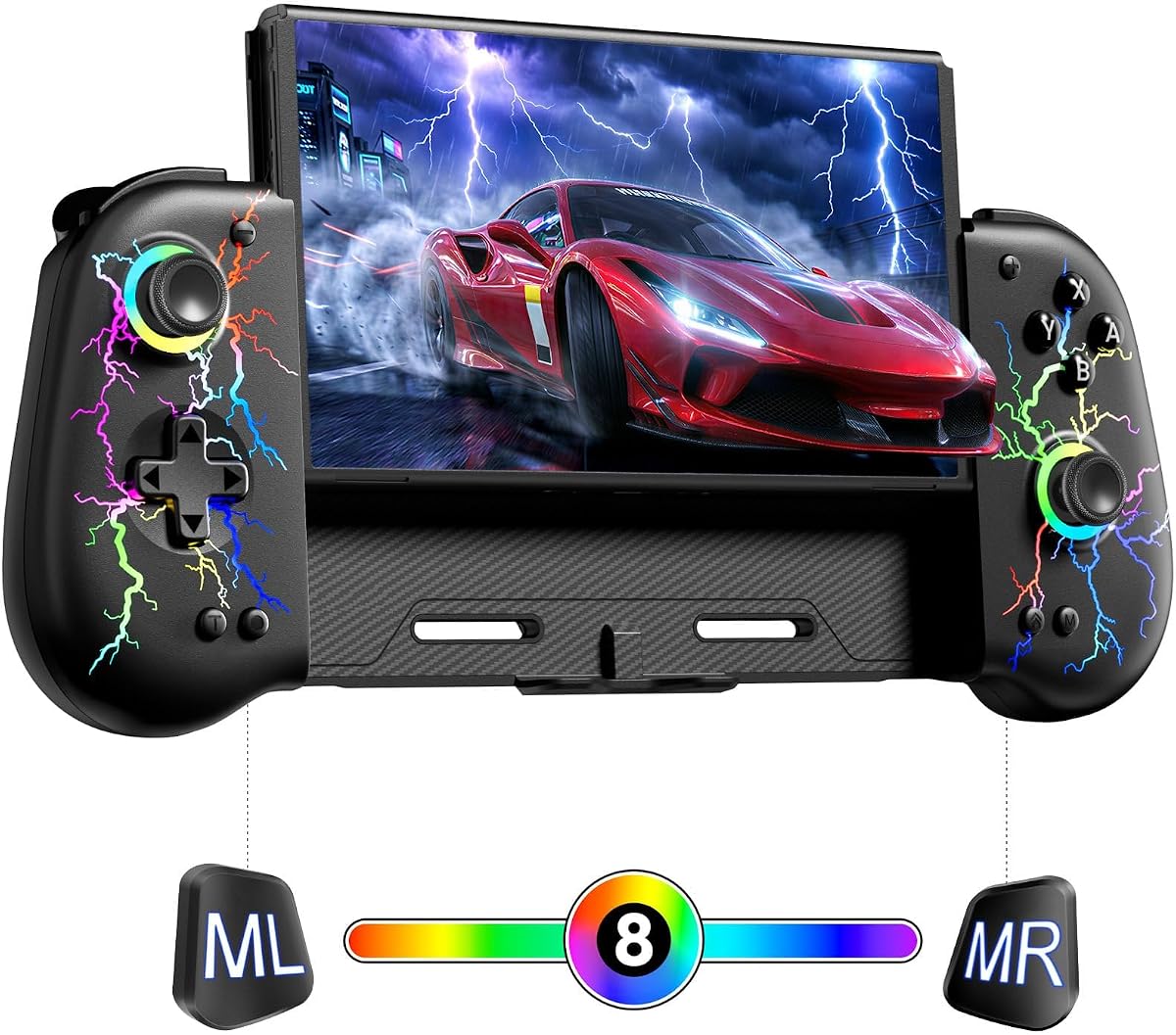Controladores de interruptor VOYEE para interruptor/OLED, con joystick de efecto Hall negro | Programación Macro, Iluminación RGB, Inalámbrico, Turbo, Giroscopio de 6 Ejes, Vibración, Pata de Cabra, Joypad de Agarre Ergonómico, Ranura para 4 Juegos