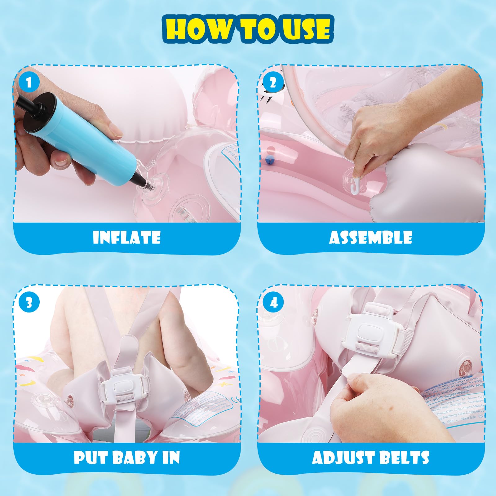 Salvagente Neonato, Salvagente Neonato con Parasole Salvagente Gonfiabile per Bambini con Seggiolino di Sicurezza Regolabile Doppio Airbag Anello Salvagente con Pompa per Bambini 8-24 mesi