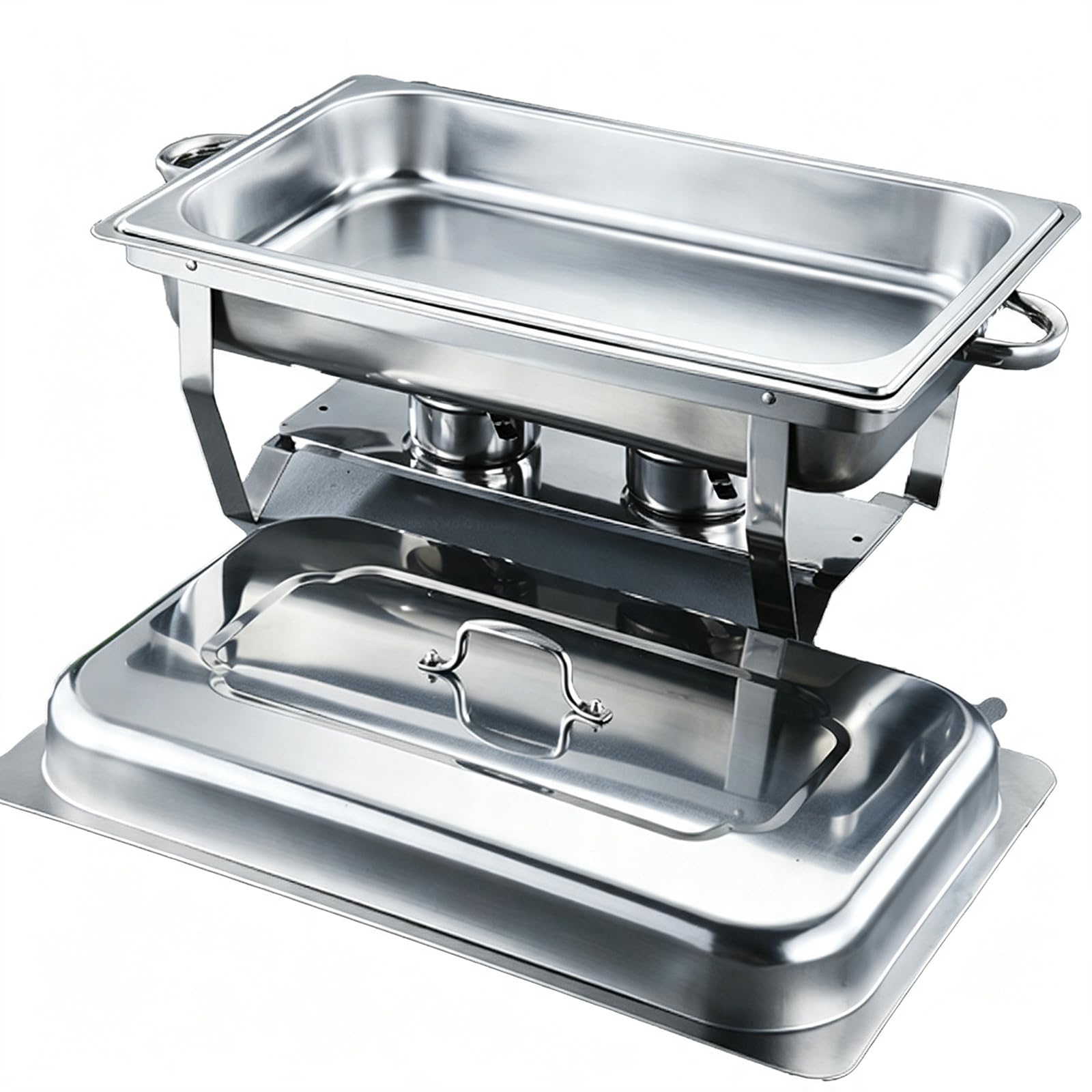 Paquete de Platos de para bufé, Catering, Calentador de Alimentos | sartén fría y caliente con soporte para tapa, juego de platos de cena de acero inoxidable grueso, servidor de buffet