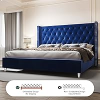 Vista 4 de PaPaJet Tufted Upholstered Platform Bed Frame King Size Velvet Low Profile Platform Beds Raised Wingback Headboard with Strong Wooden Slats/Mattress