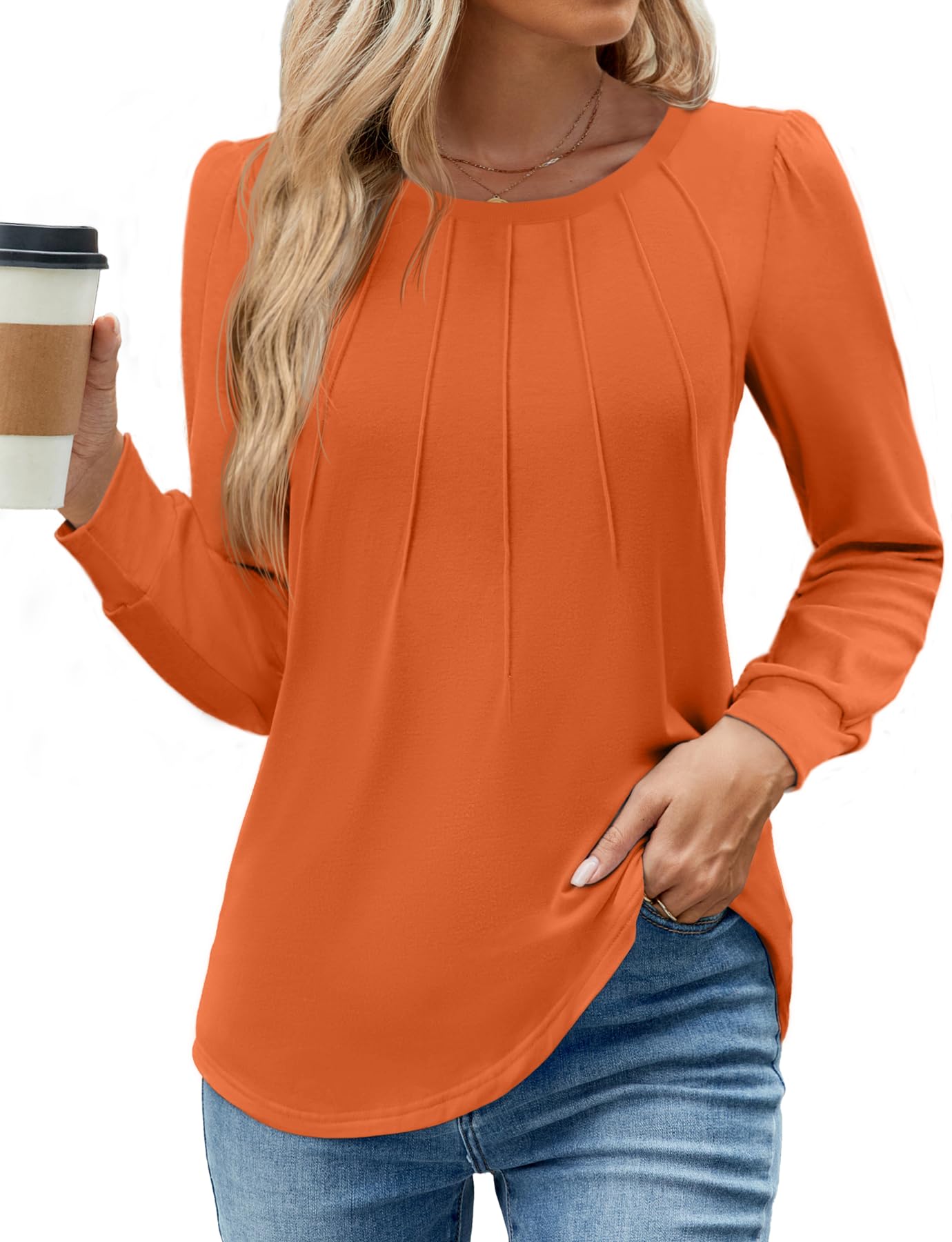 WEACZZY Women Long Sleeve Shirts Crew Neck Tunic Tops Soft Casual Blouses Creased Design Curved Side Hem Fashion Outfits 2026