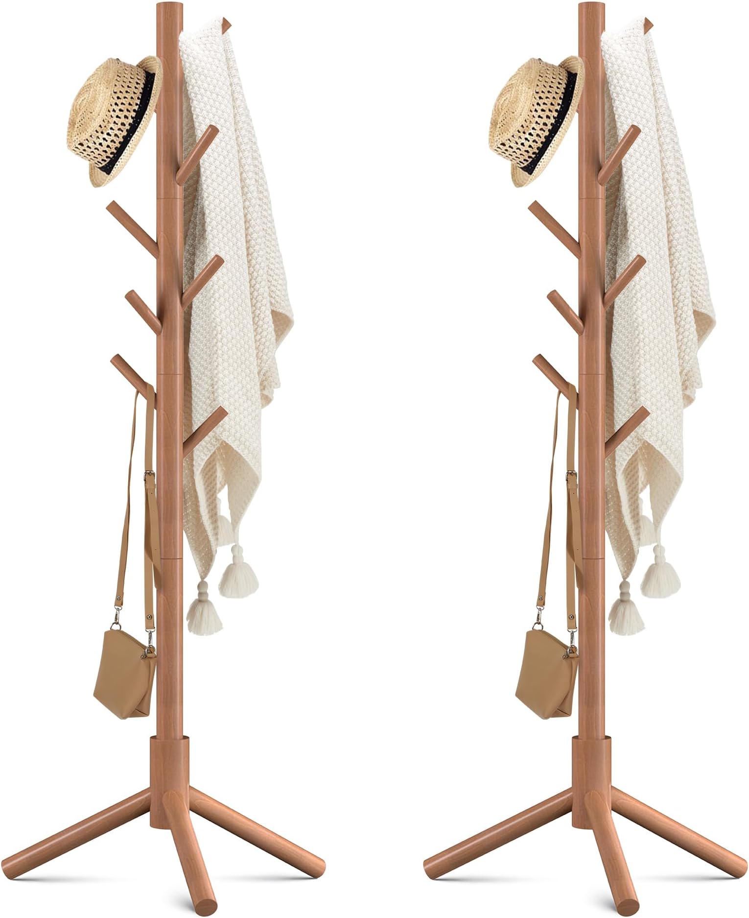 Haddockway Wooden Coat Rack Stand with 8 Hooks New Zealand Pine Adjustable Coat Standing Tree Easy Assembly for Coats, Hats, Scarves and Handbags for Entryway, Hallway, Bedroom, Office,2 PCS
