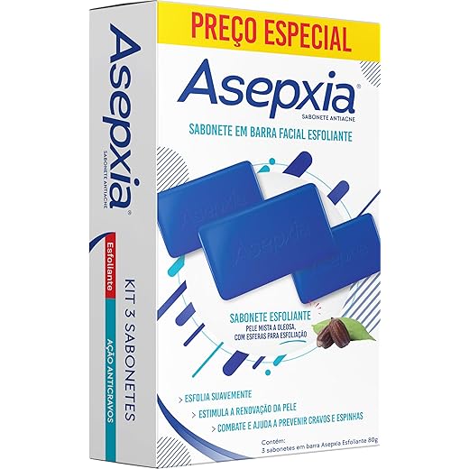 Asepxia Kit Sabonete Em Barra Facial Esfoliante Antiacne Para Pele Oleosa, Limpeza Profunda Com Microesferas Naturais, Remove Cravos E Controla A Oleosidade, 80g, 3-Pack