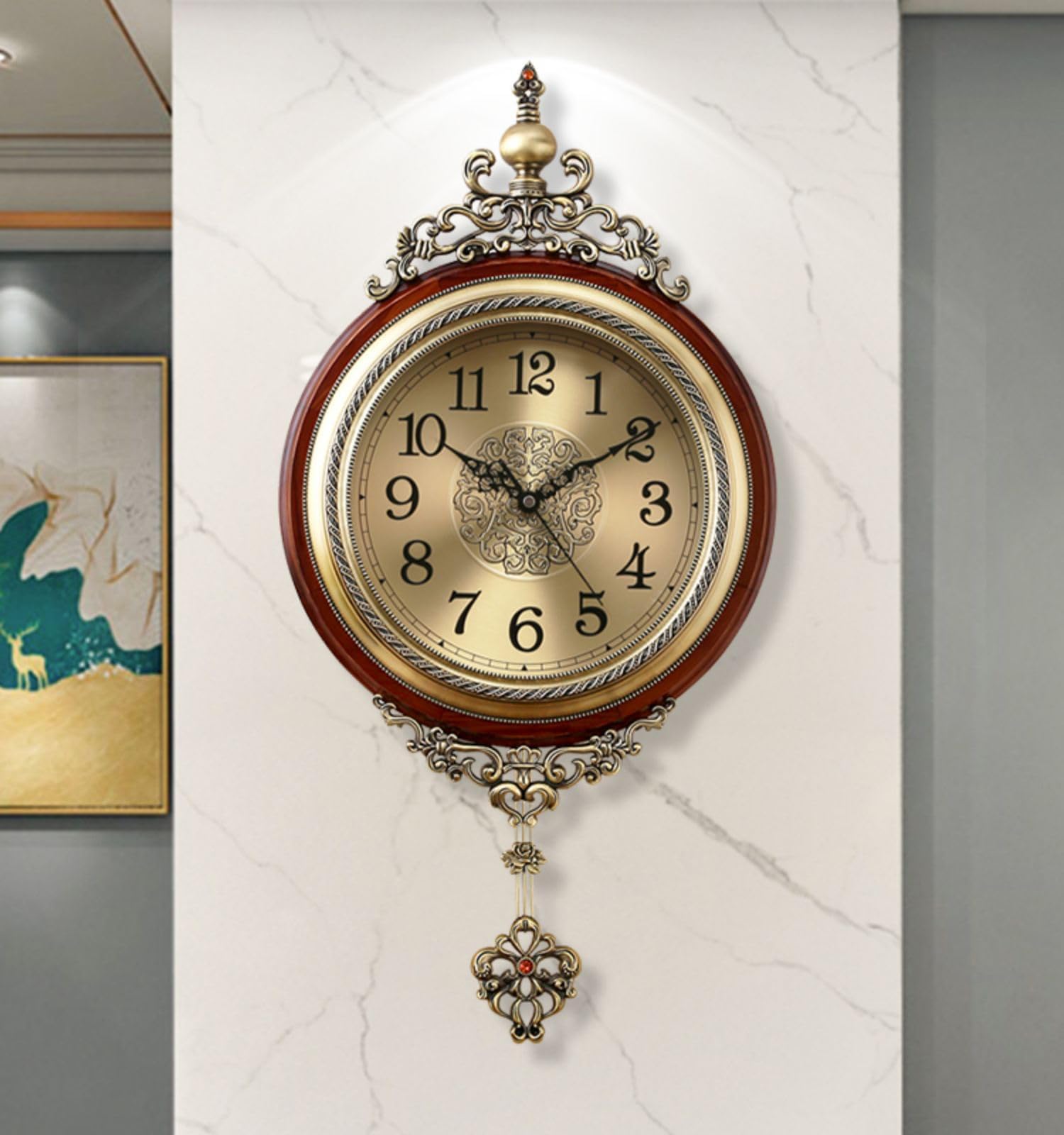 Pendulum Wall Clock, Battery Operated Quartz Movement, Silent Non Ticking, Large Antique Metal Wooden Clock, for Home Decor Living Room Office
