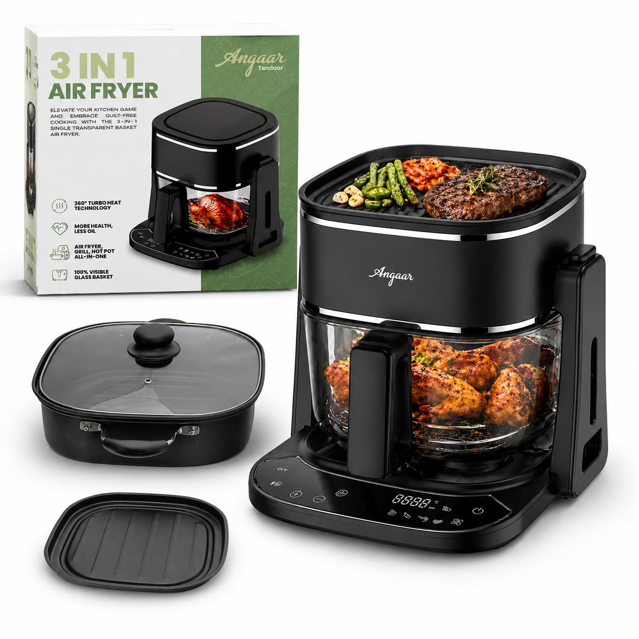 Angaar Korean BBQ Hotpot & Electric Grill, 3-in-1 Tabletop Cooker – 1400W 4.5L Glass Basket, Shabu Shabu, Air Fry & Contact Grill, Ceramic Non-Stick, 60-Min Timer