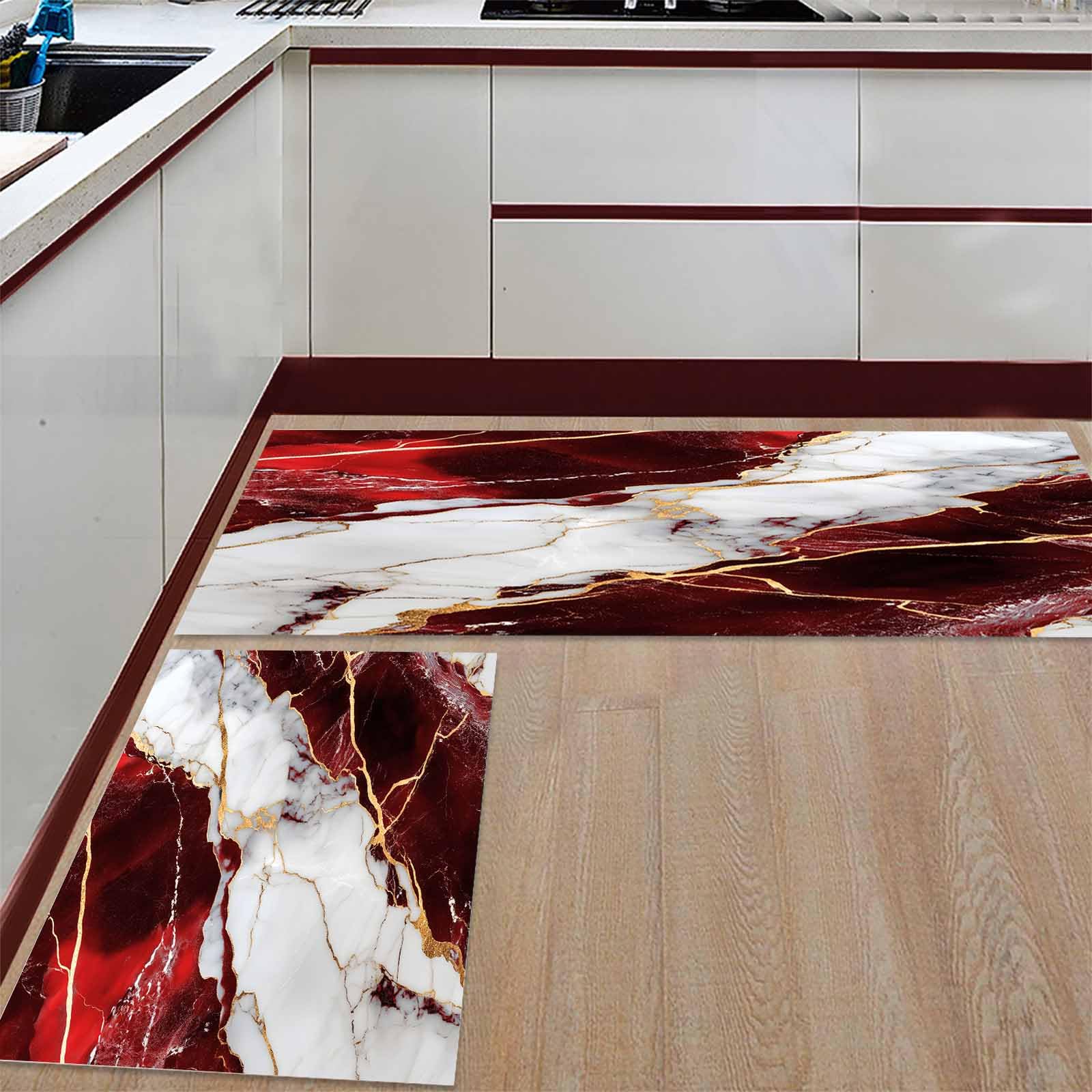 2 Pieces Kitchen Rugs and Mats,Modern White Red Gradient Gold Line Area Runner Rug Set Non Slip Floor Doormat Washable Carpet Standing Mat for Kitchen Sink Indoor Corridor,Abstract Marble Texture