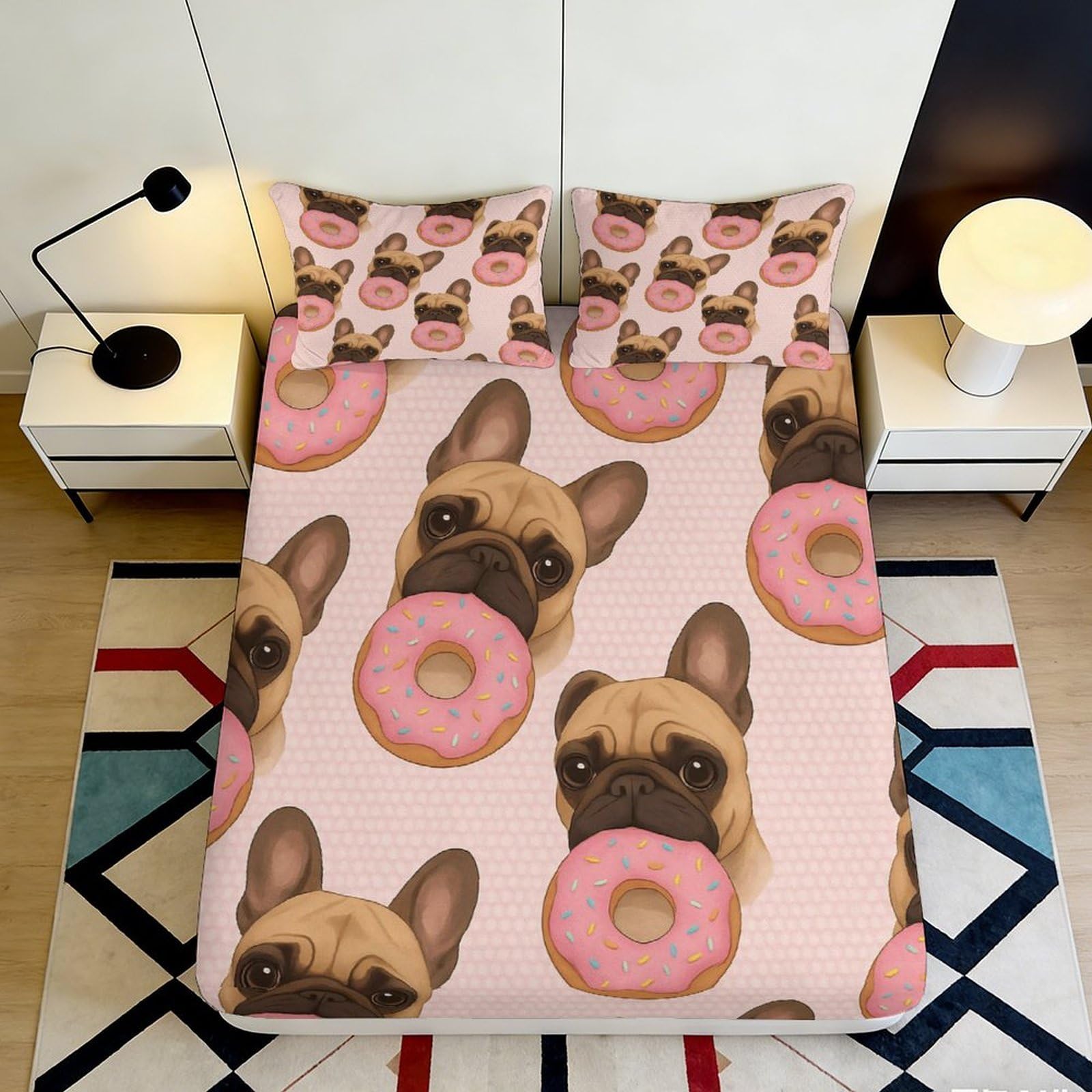 3D Printed French Bulldog Donut Fitted Sheet Microfiber Soft Durable Pink Pattern Bed Cover for Bedroom Dormitory Guest Room Mattress Protection 140x200x25cm
