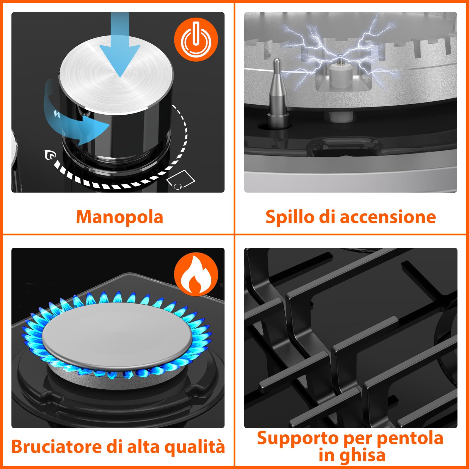 TOPWISH piano cottura gas incasso, piano cottura 4 fuochi gas, con Blu manopole illuminate, NG/LPG convertibile, protezione flame-out, accensione elettronica, 8000 Watt
