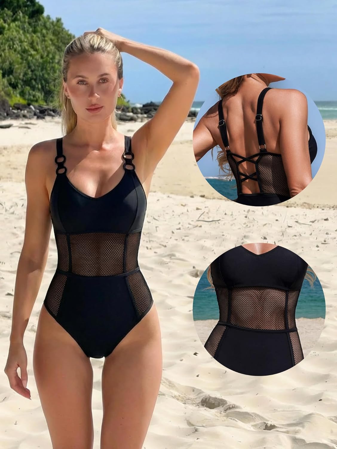 OOQ Women’s One-Piece Swim Tummy Control Slimming Mesh Sheer Swimsuit Adjustable Straps Push Up Beachwear