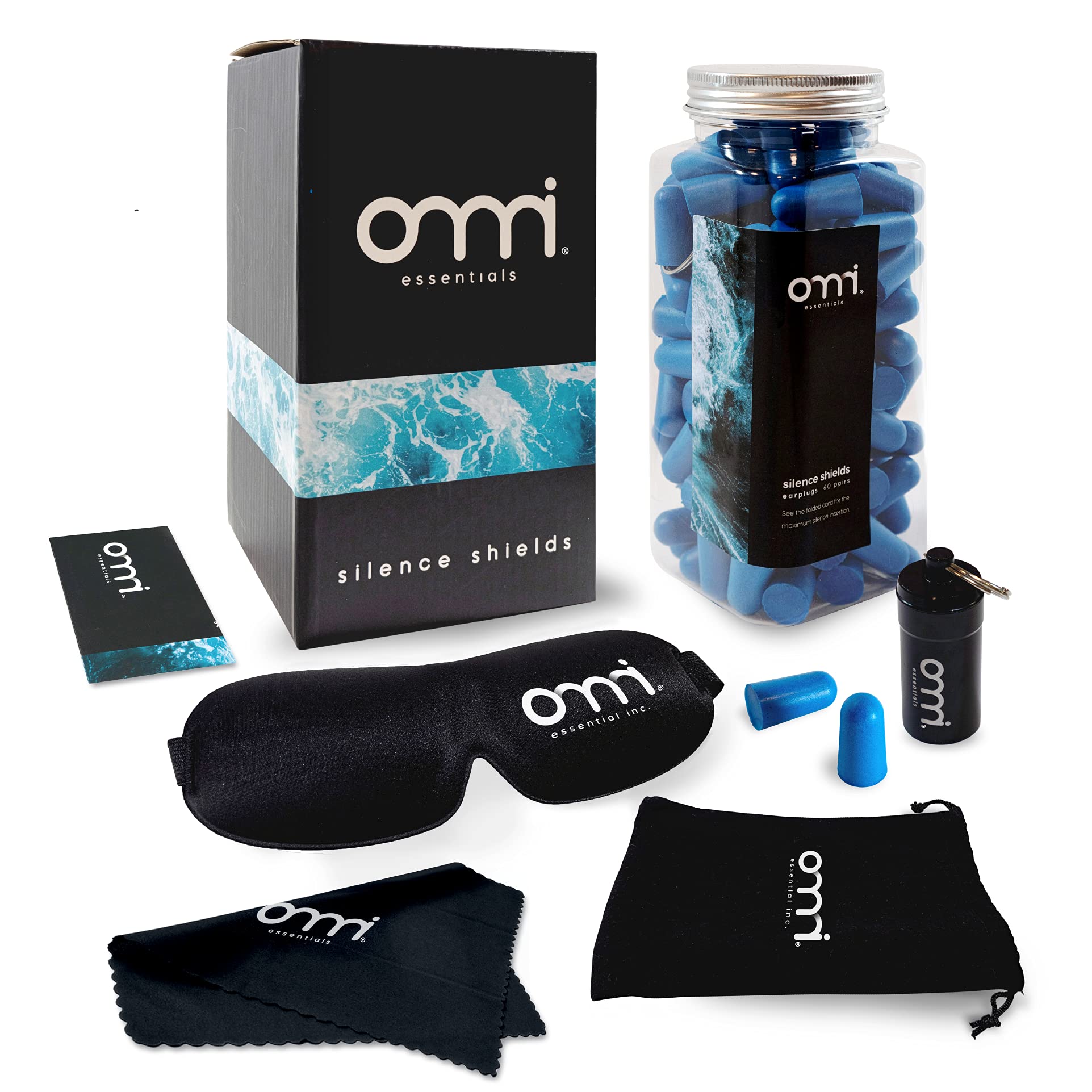 Omni Essentials Silence Shields Sleep Kit 60 Pairs of Ultra Soft Earplugs for Sleeping, Studying, Work, Concerts, Travel, Noise Cancelling Ear Plugs That are Disposable, Blackout Eye Mask for Sleeping