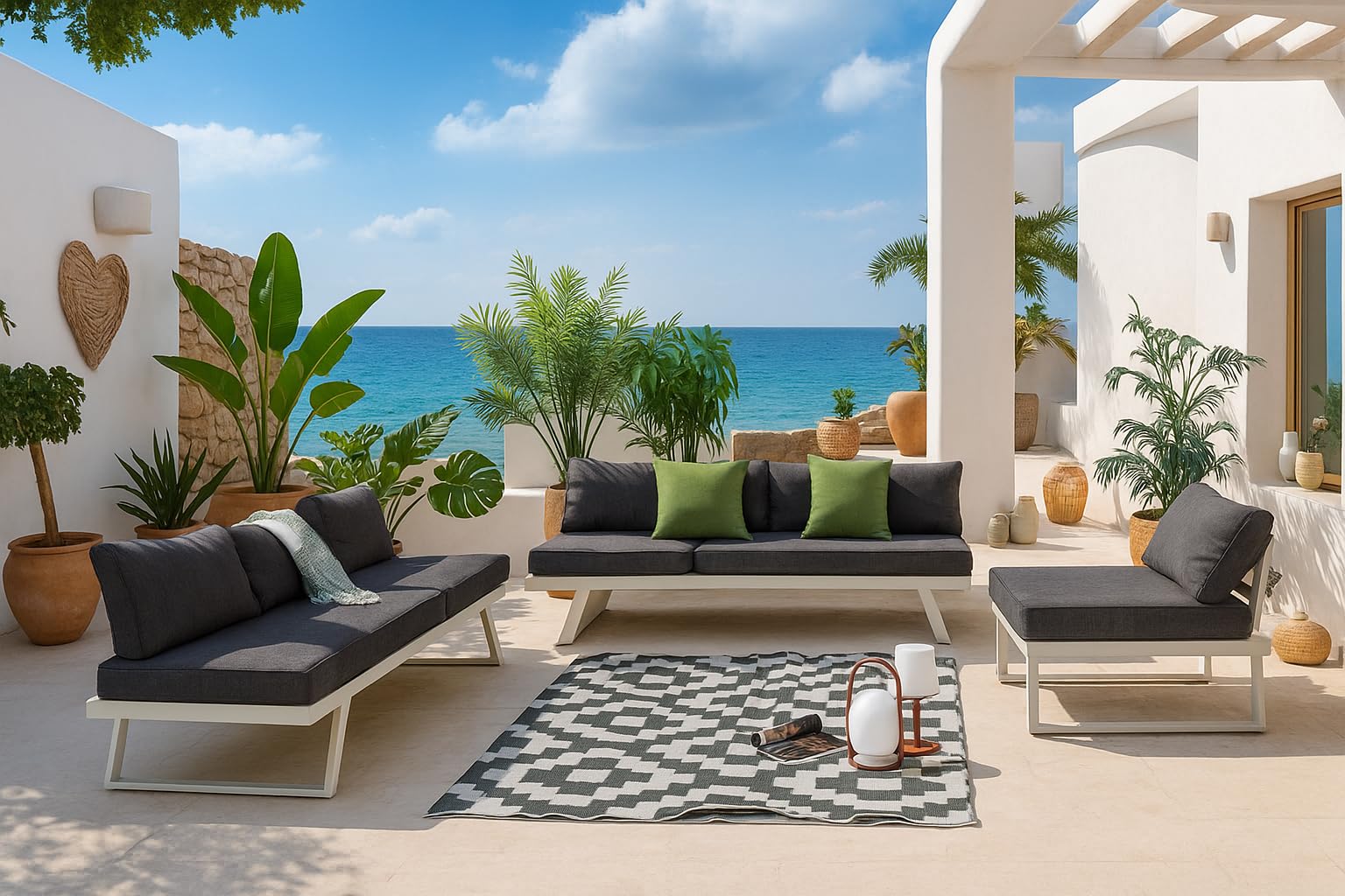 MOMMAHOME Conjunto Muebles de Jardín de exterior, Rinconera Convertible Multifunción Aluminio Blanco, Muebles para terraza/Exterior, Set de Aluminio con mesa de centro, Cojines tejido Gris | VALENCIA
