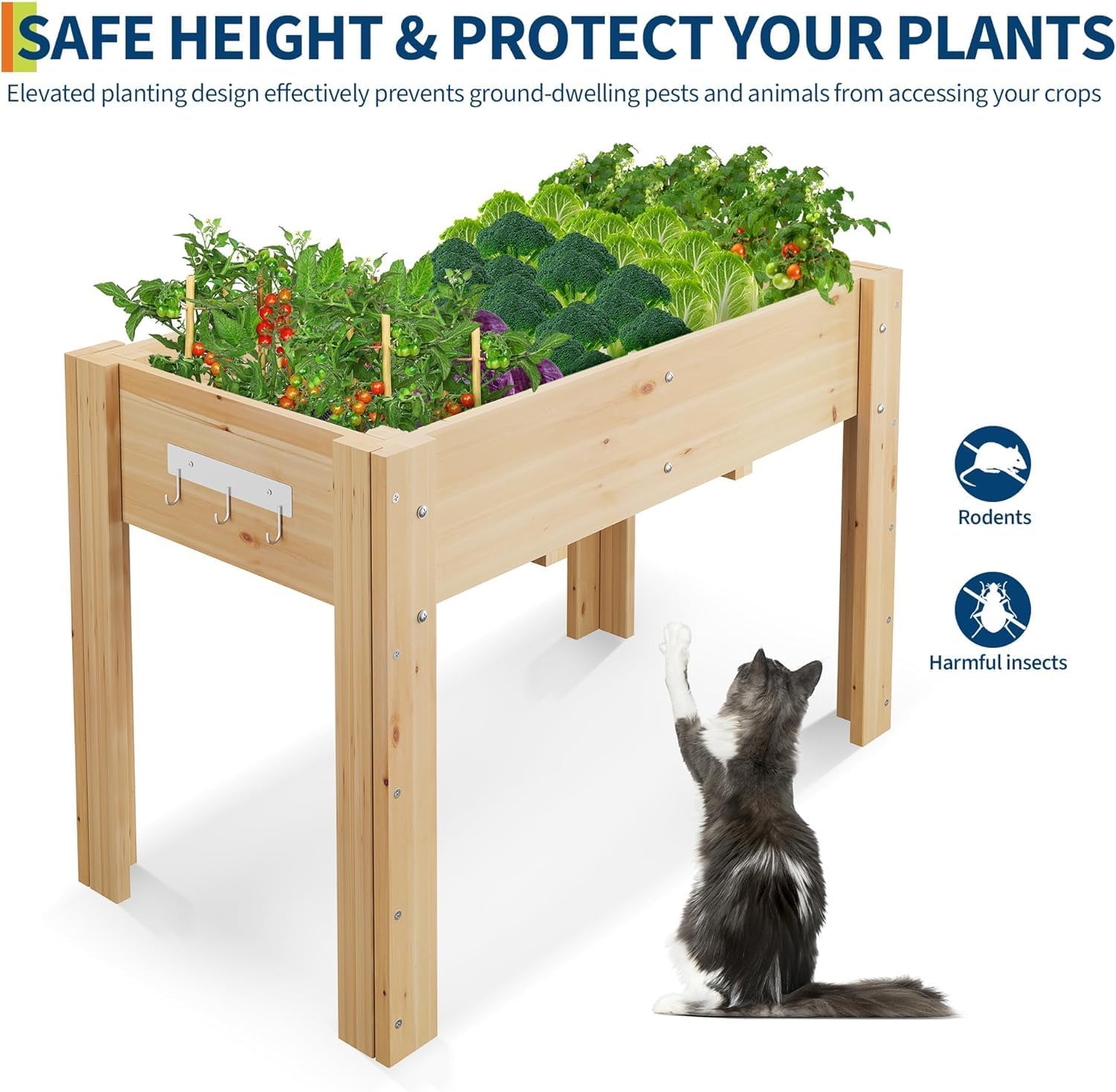 47"x30"x22" Raised Garden Bed with High Legs and Three Hooks, Natural Color Elevated Wooden Planter Box for Growing Vegetables, Flowers, Durable Outdoor Patio & Backyard Planting Bed