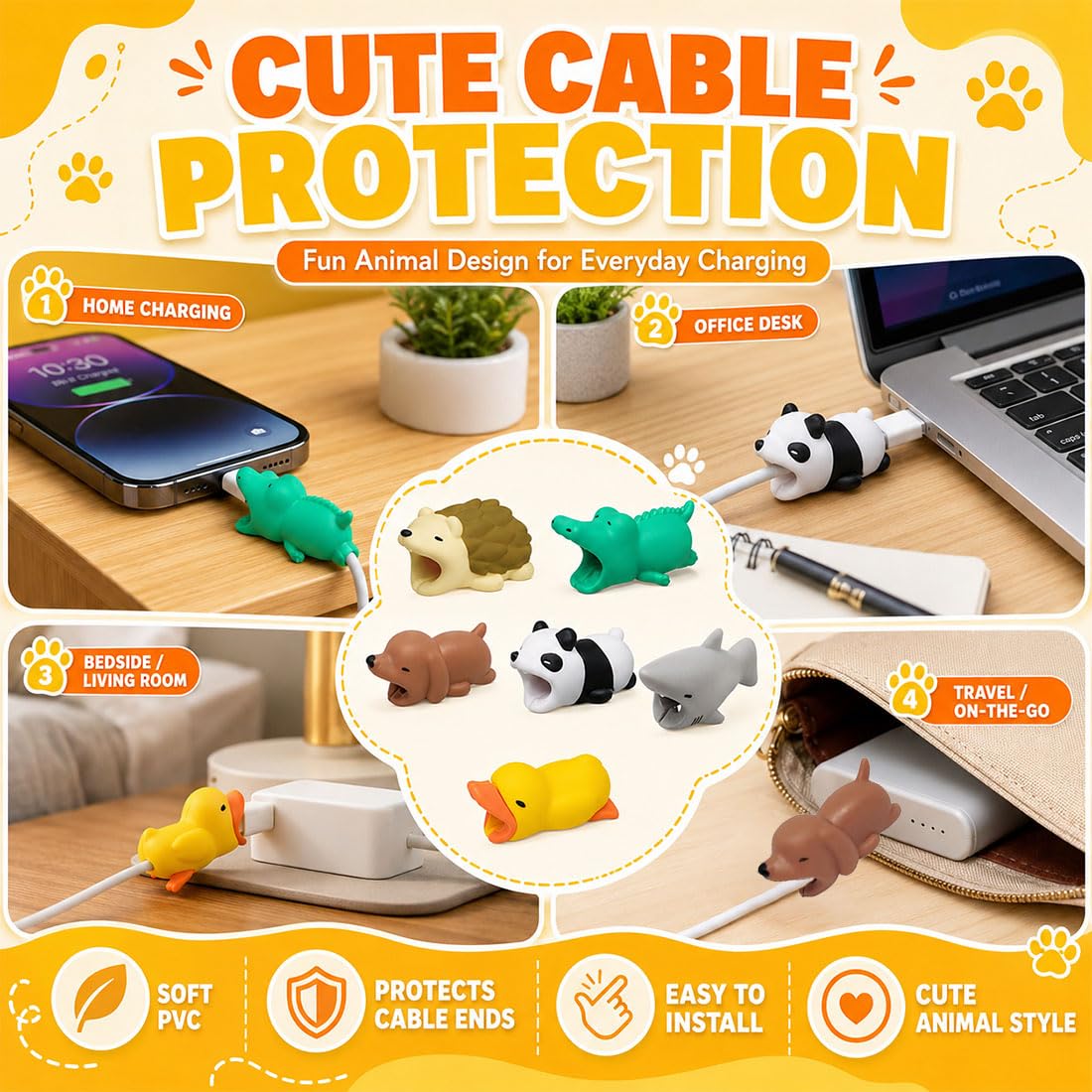 6 Pezzi Proteggi Cavo, Morsetti per Cavi in PVC Morbido con Design Animali Carini, Per Organizzare e Proteggere i Cavi di Alimentazione, Telefono, Computer, Ufficio e Casa
