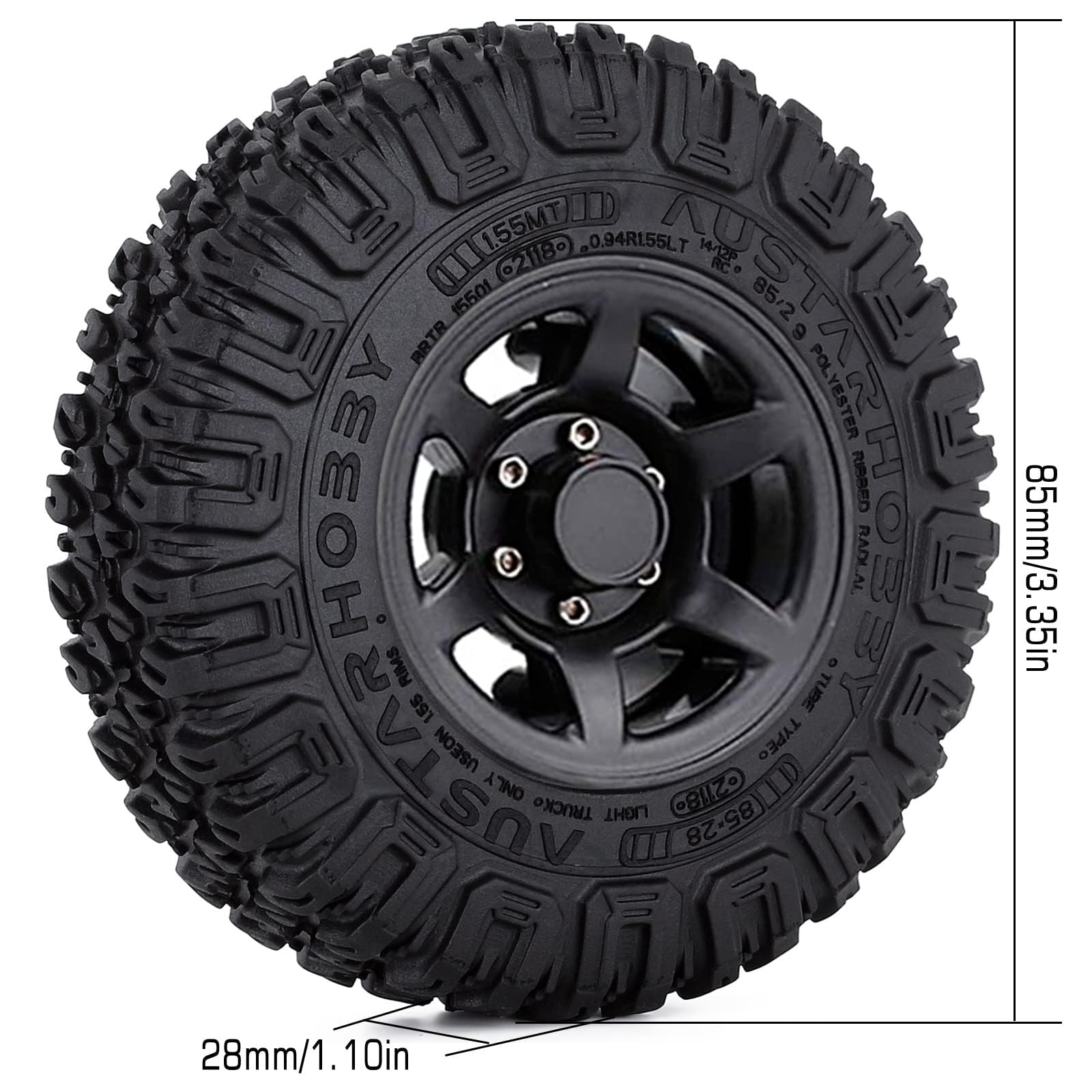KINGCOO Lot de 4 pneus radiocommandés en caoutchouc 1,55" avec jantes en plastique Beadlock pour voiture 1/10 RC Crawler Car pour Axial AX90069 D90 TF2 Tamiya CC01 LC70 JIMNY Pièces de mise à niveau