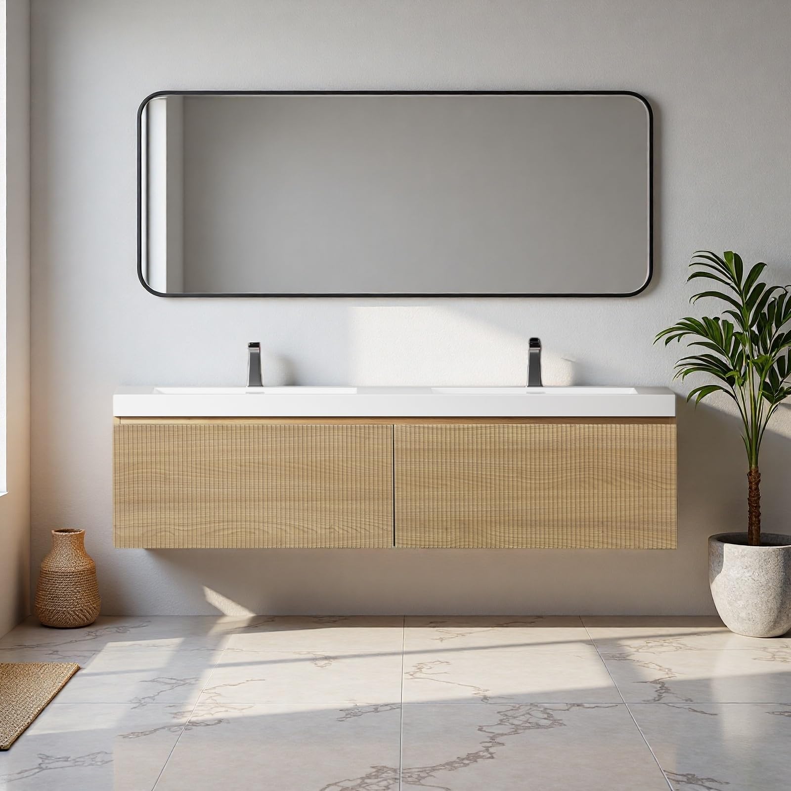 60'' Floating Bathroom Vanity with Sink, Wall-Mounted Bathroom Storage Cabinet with 2 Soft-Close Striped Drawers & Double Solid Surface Basins, Natural Oak Body with Internal Handle, Wood